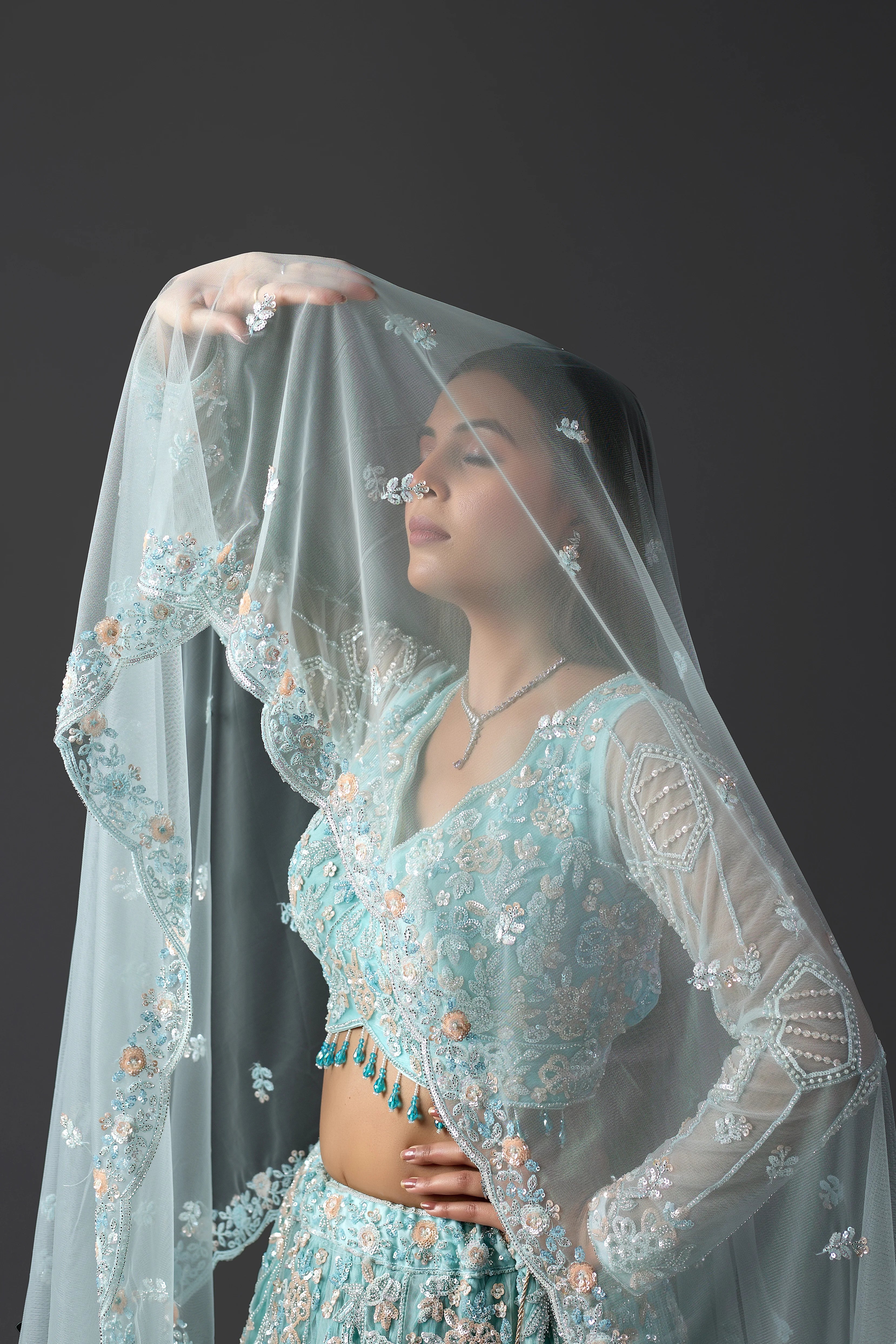 Sky Blue Net Embroidered Lehenga Choli Set with heavy Blouse & Dupatta