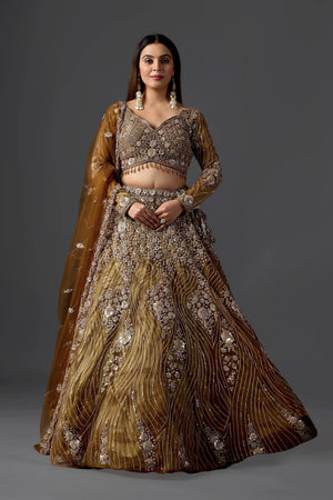 Mustard Net Embroidered Lehenga Choli Set with Beads Work & Dupatta