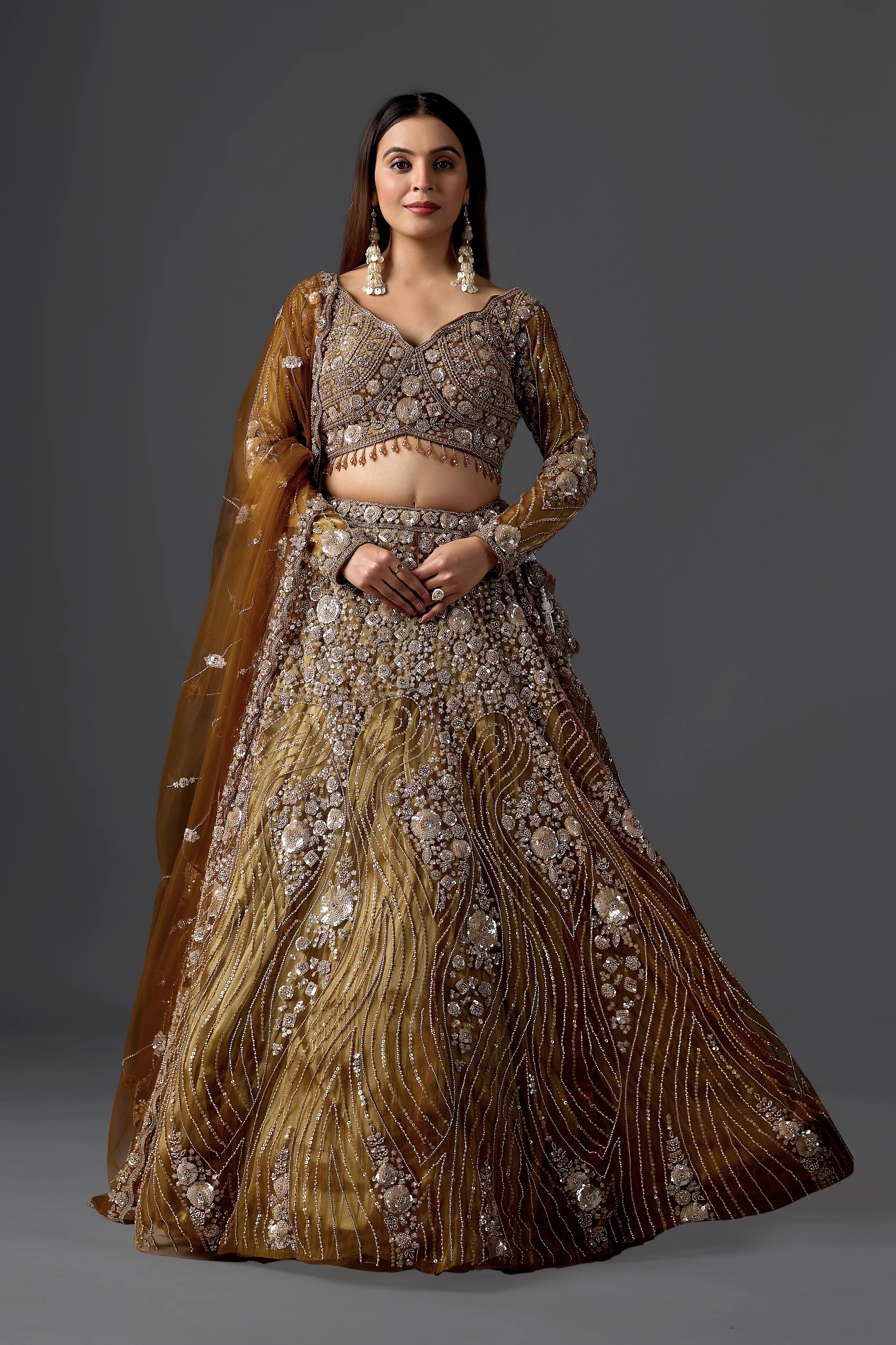 Mustard Net Embroidered Lehenga Choli Set with Beads Work & Dupatta