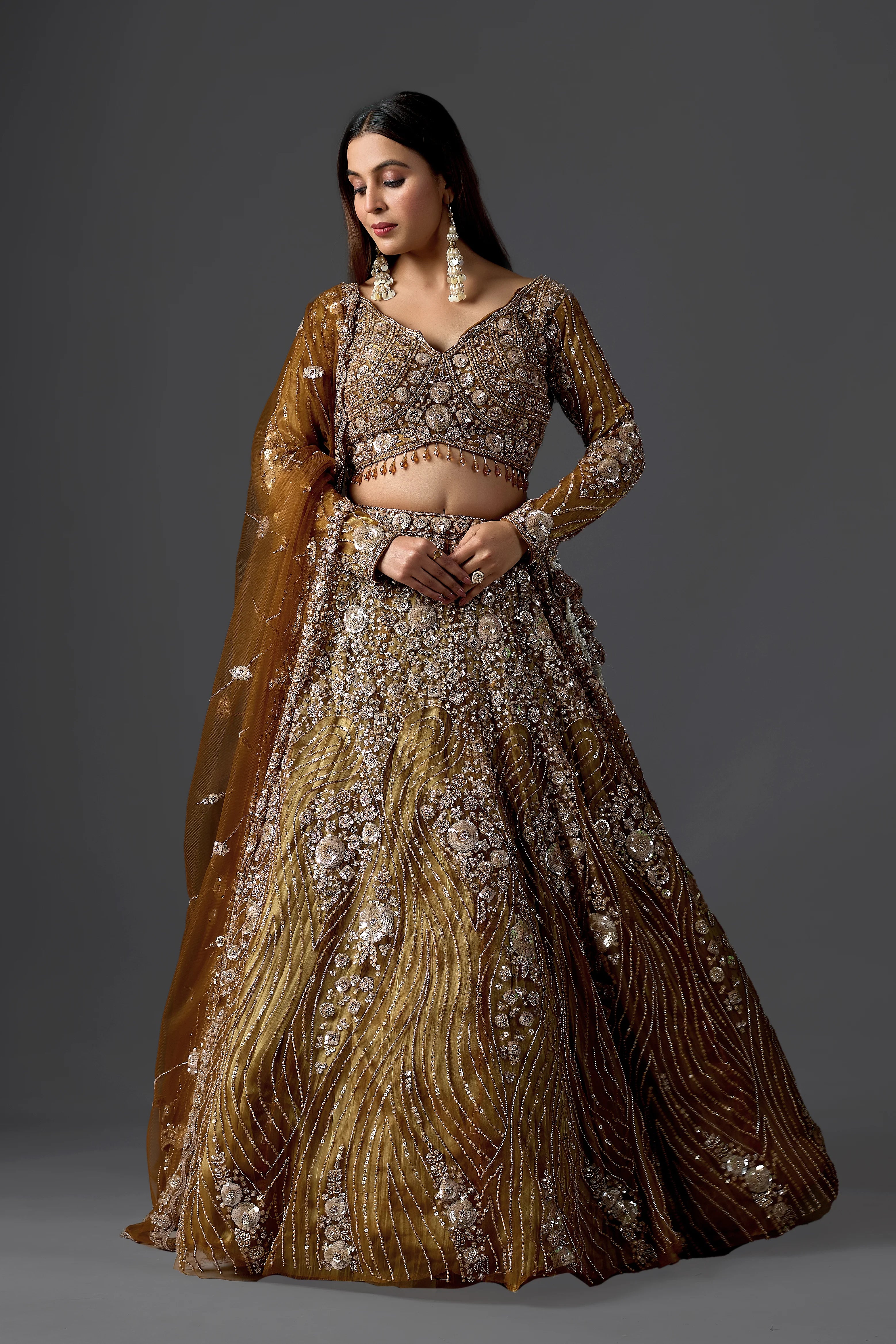 Mustard Net Embroidered Lehenga Choli Set with Beads Work & Dupatta