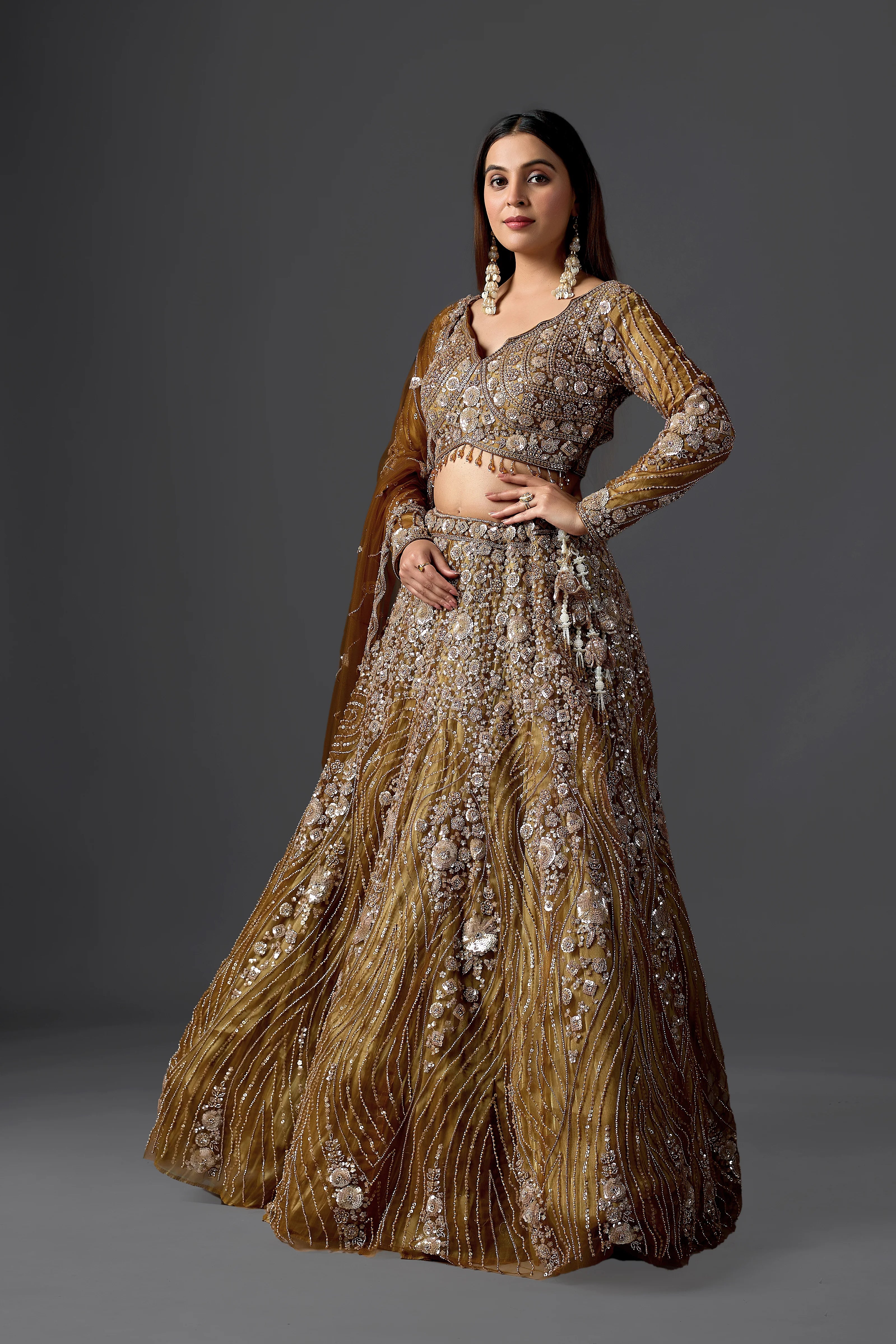 Mustard Net Embroidered Lehenga Choli Set with Beads Work & Dupatta