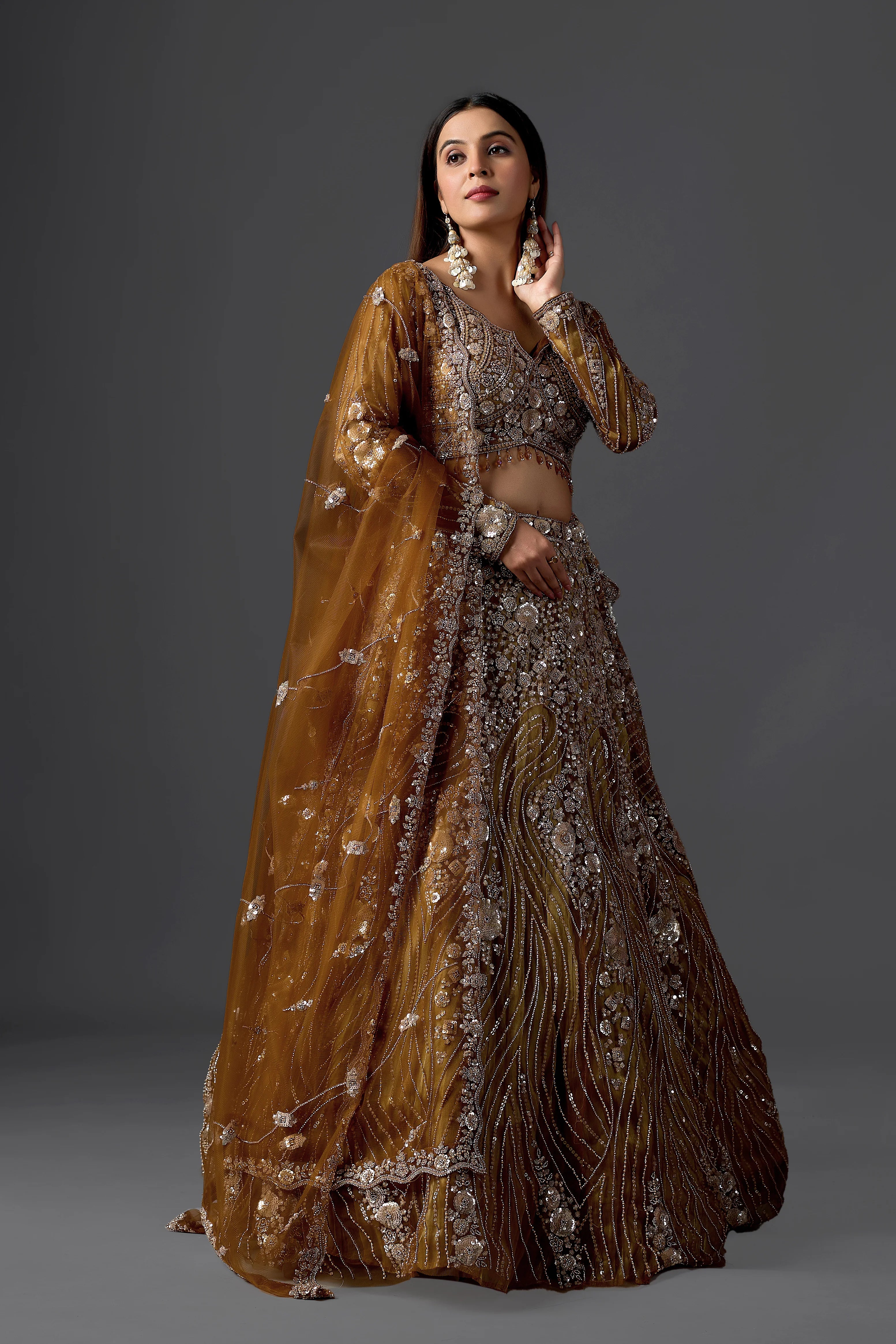 Mustard Net Embroidered Lehenga Choli Set with Beads Work & Dupatta