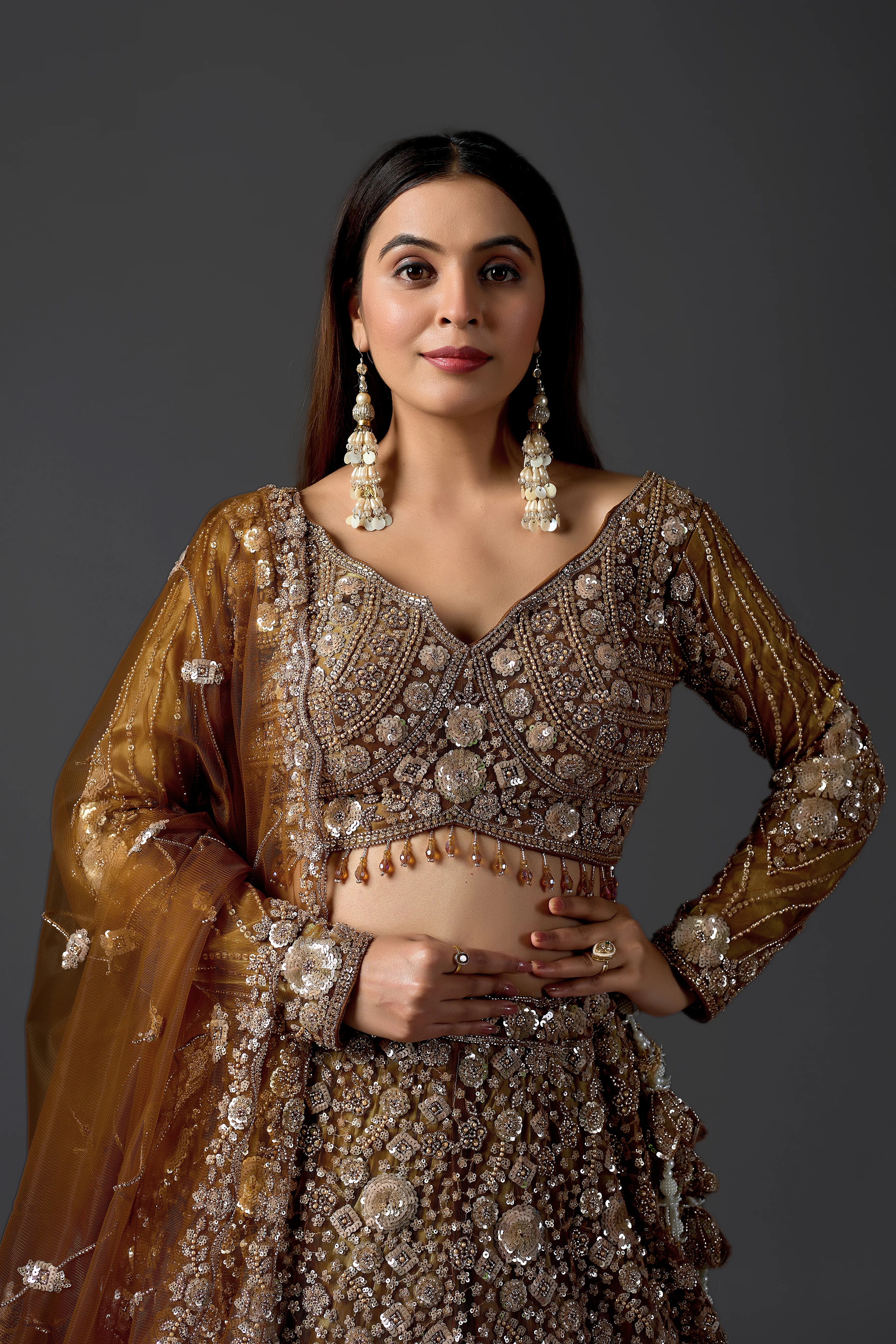 Mustard Net Embroidered Lehenga Choli Set with Beads Work & Dupatta