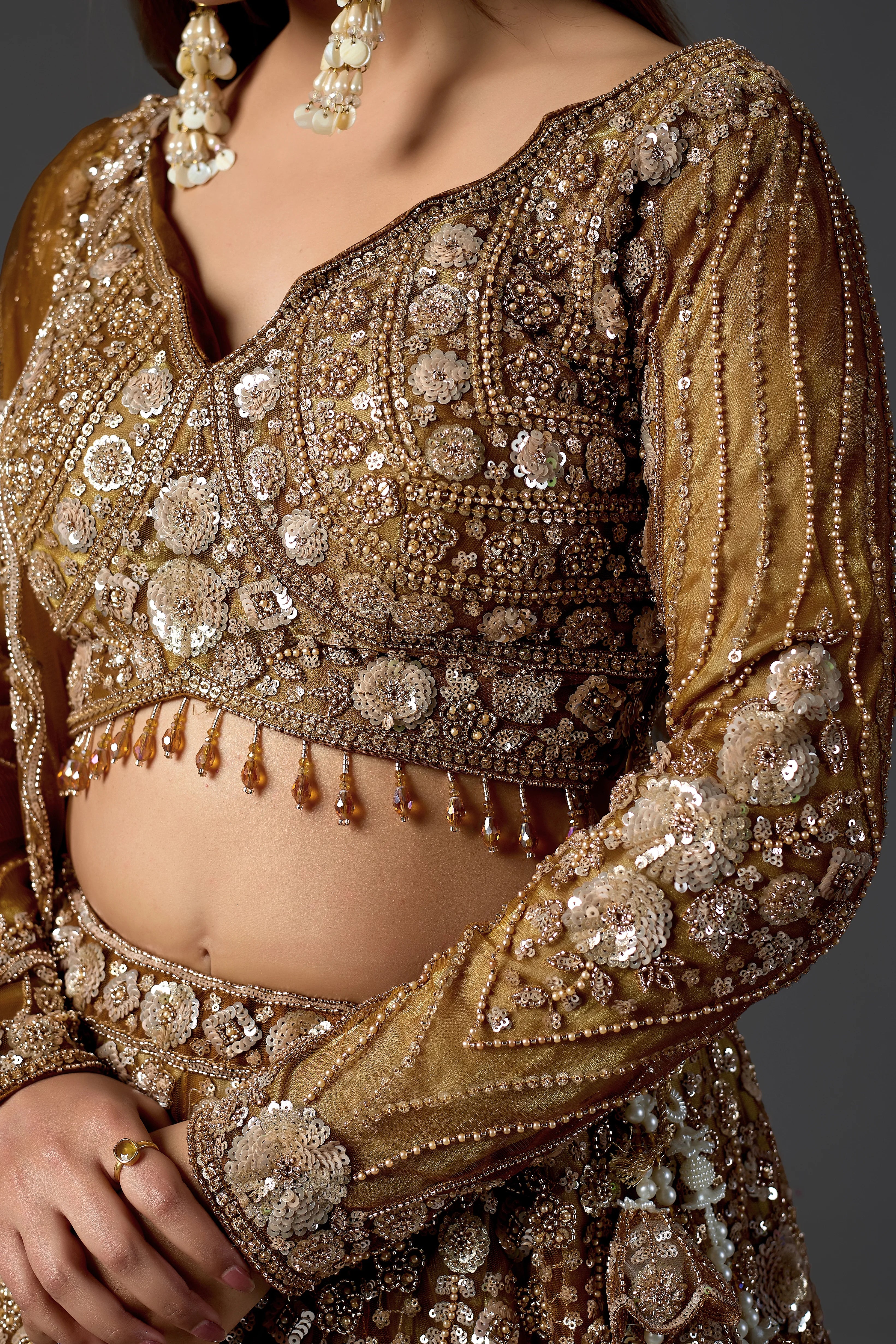 Mustard Net Embroidered Lehenga Choli Set with Beads Work & Dupatta