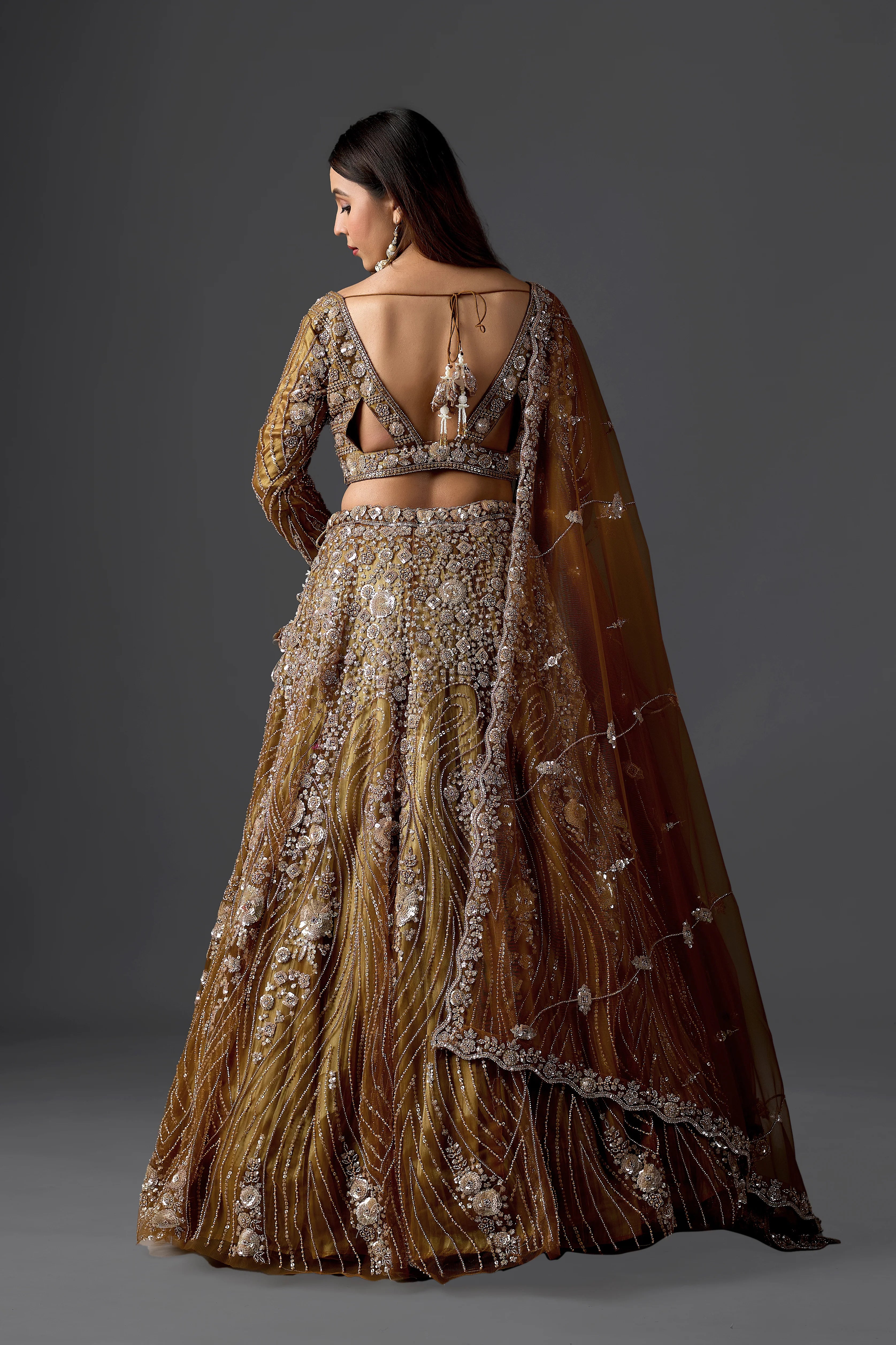 Mustard Net Embroidered Lehenga Choli Set with Beads Work & Dupatta