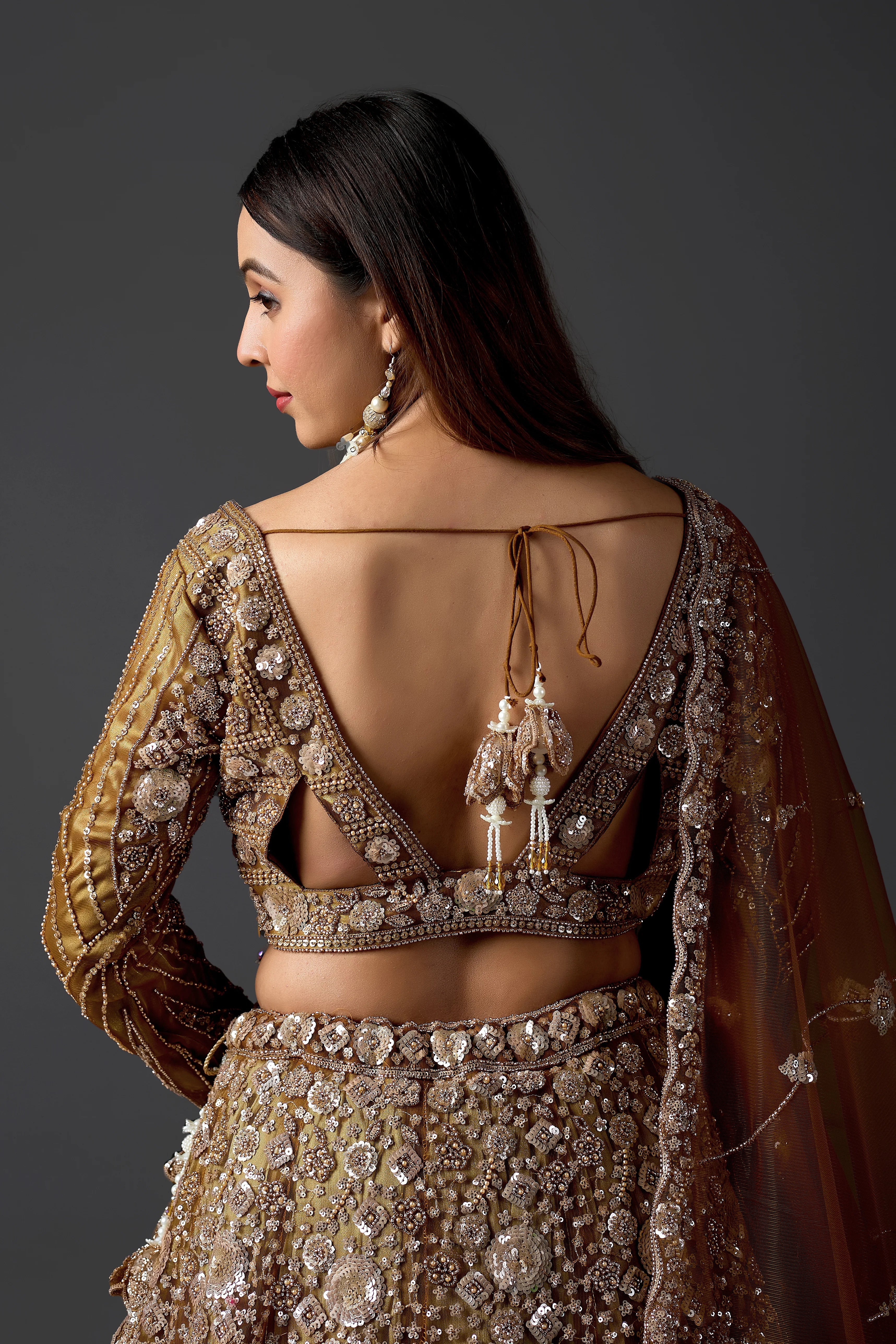 Mustard Net Embroidered Lehenga Choli Set with Beads Work & Dupatta