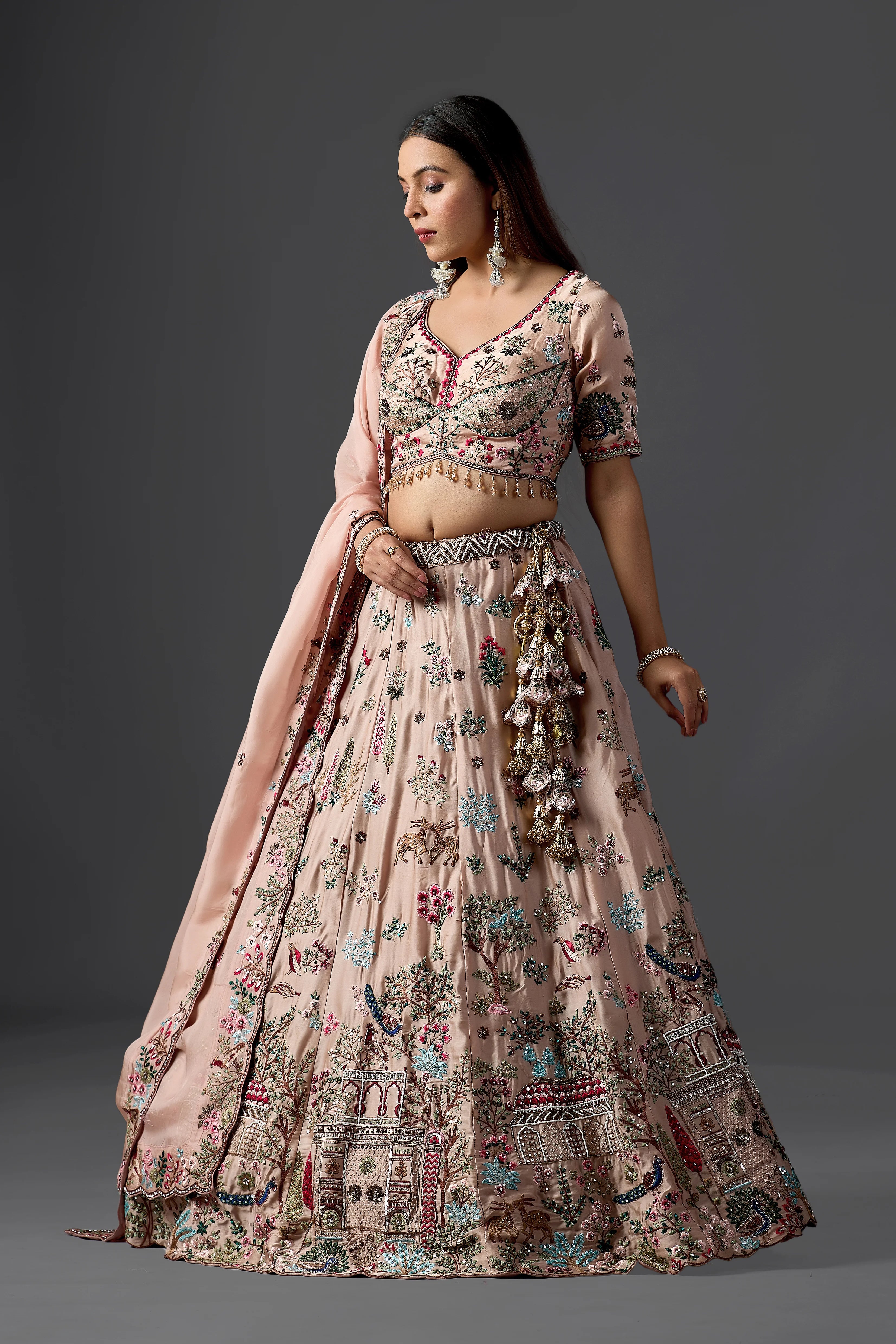 Designer Branded Blush Pink Handcrafted Lehenga Choli with Sequins & Floral Motifs | Premium Festive Collection