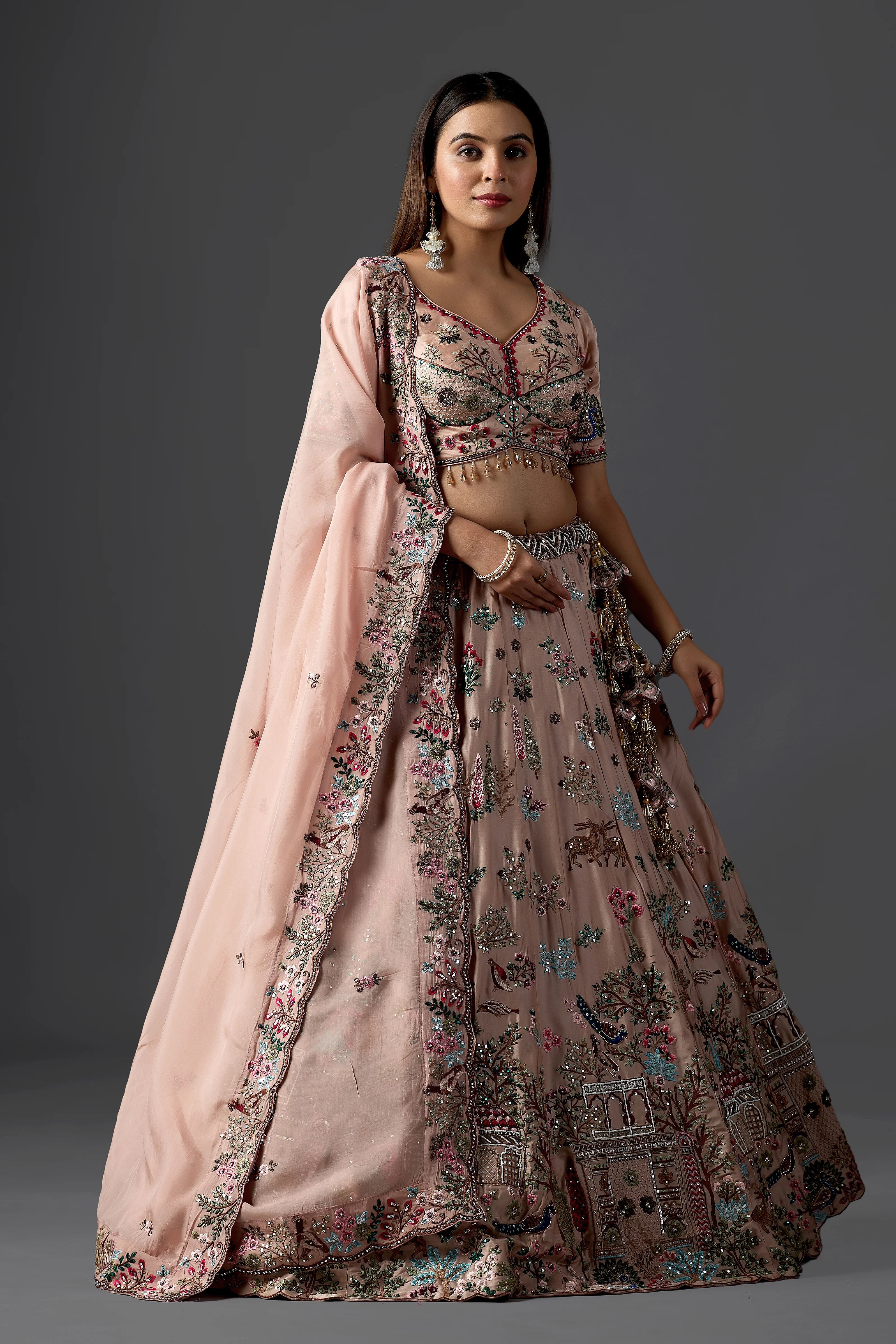 Designer Branded Blush Pink Handcrafted Lehenga Choli with Sequins & Floral Motifs | Premium Festive Collection