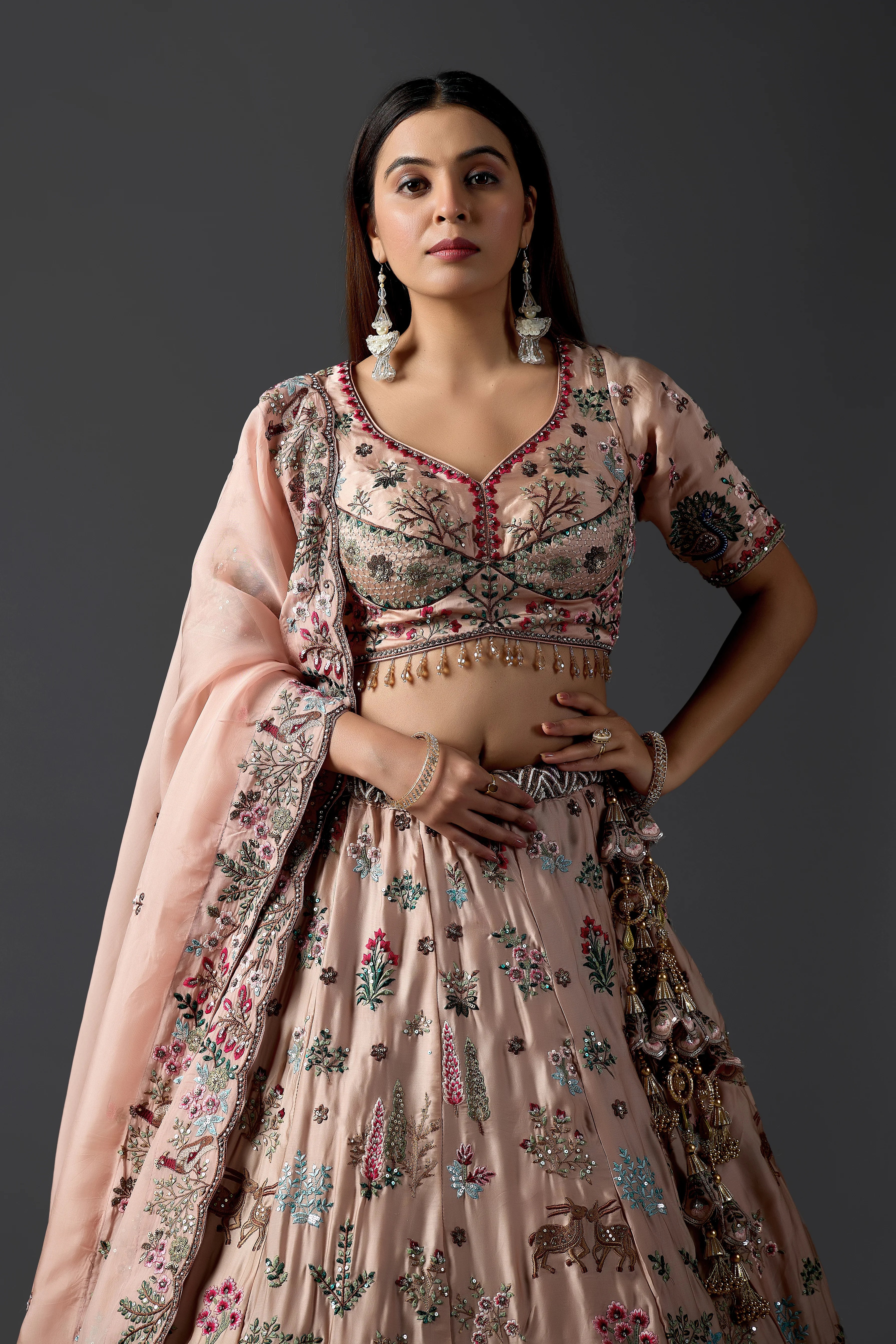 Designer Branded Blush Pink Handcrafted Lehenga Choli with Sequins & Floral Motifs | Premium Festive Collection