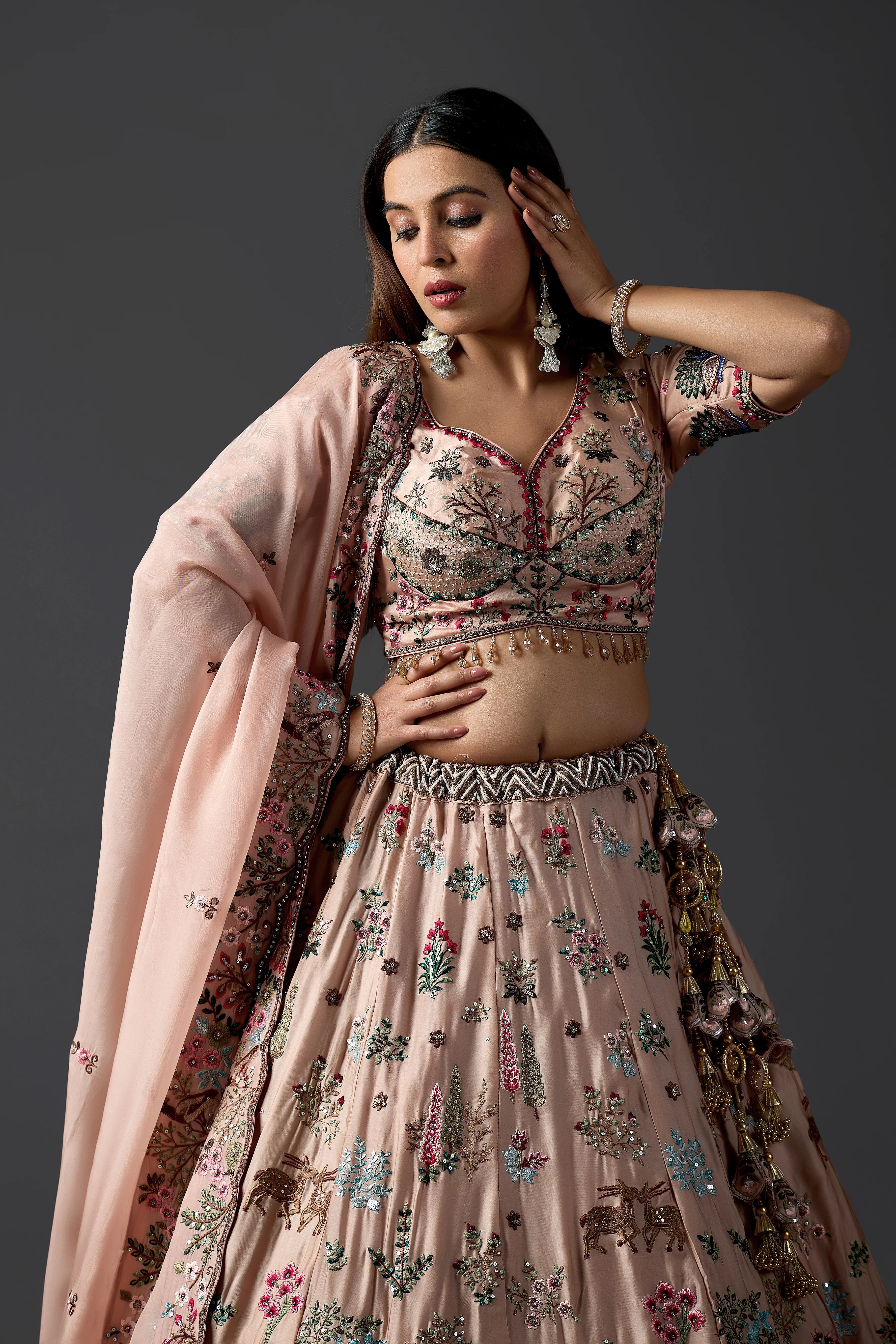 Designer Branded Blush Pink Handcrafted Lehenga Choli with Sequins & Floral Motifs | Premium Festive Collection