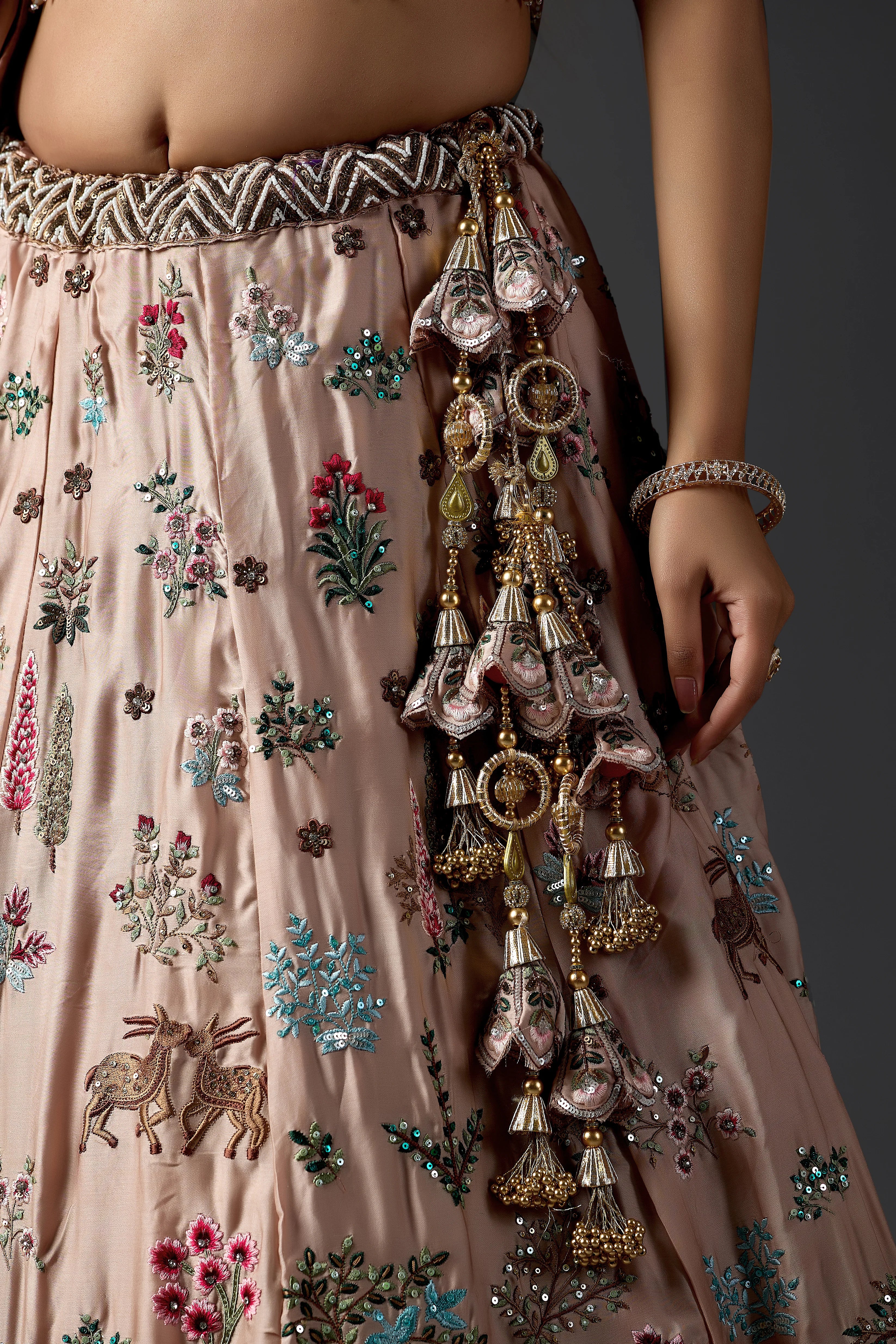 Designer Branded Blush Pink Handcrafted Lehenga Choli with Sequins & Floral Motifs | Premium Festive Collection