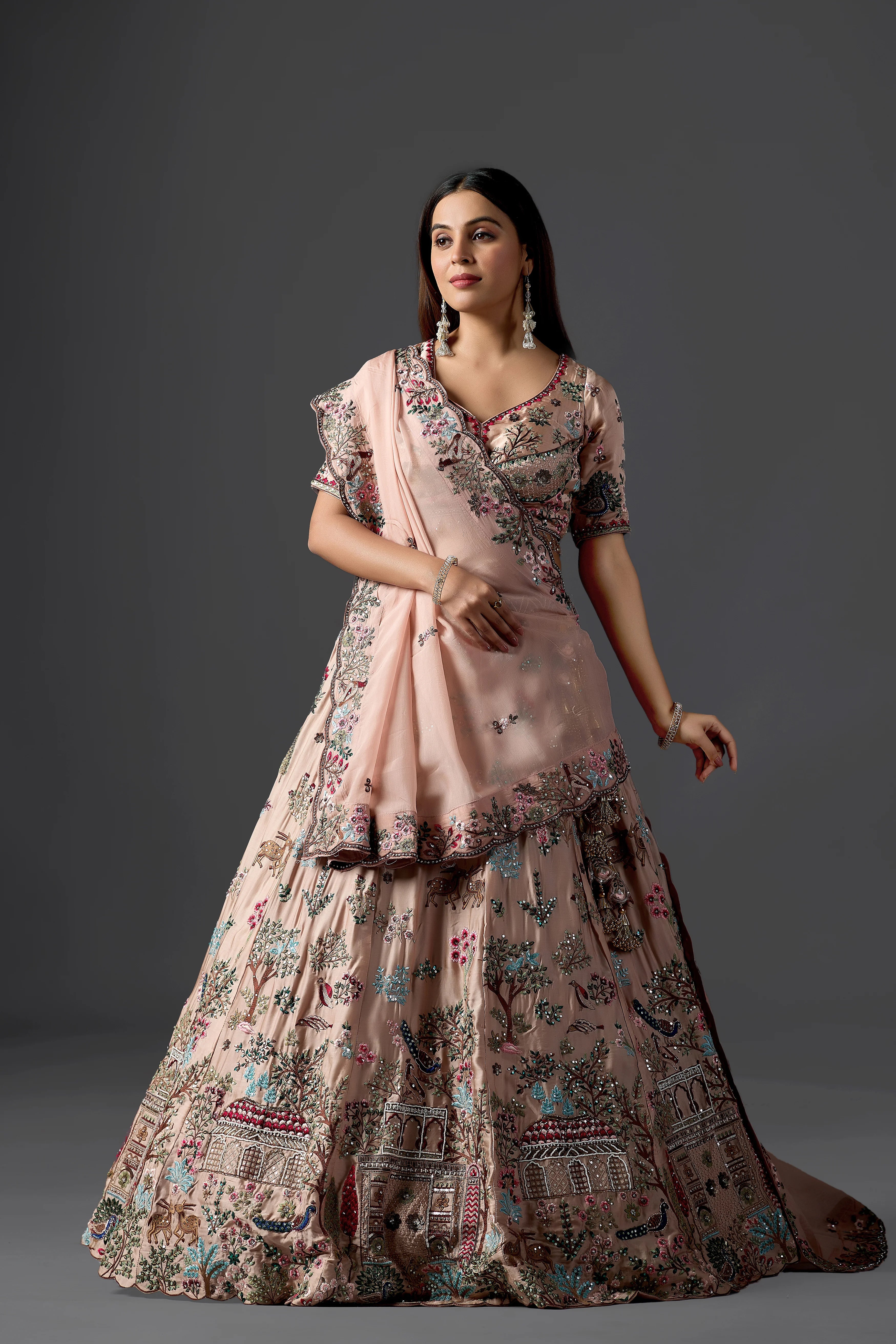 Designer Branded Blush Pink Handcrafted Lehenga Choli with Sequins & Floral Motifs | Premium Festive Collection