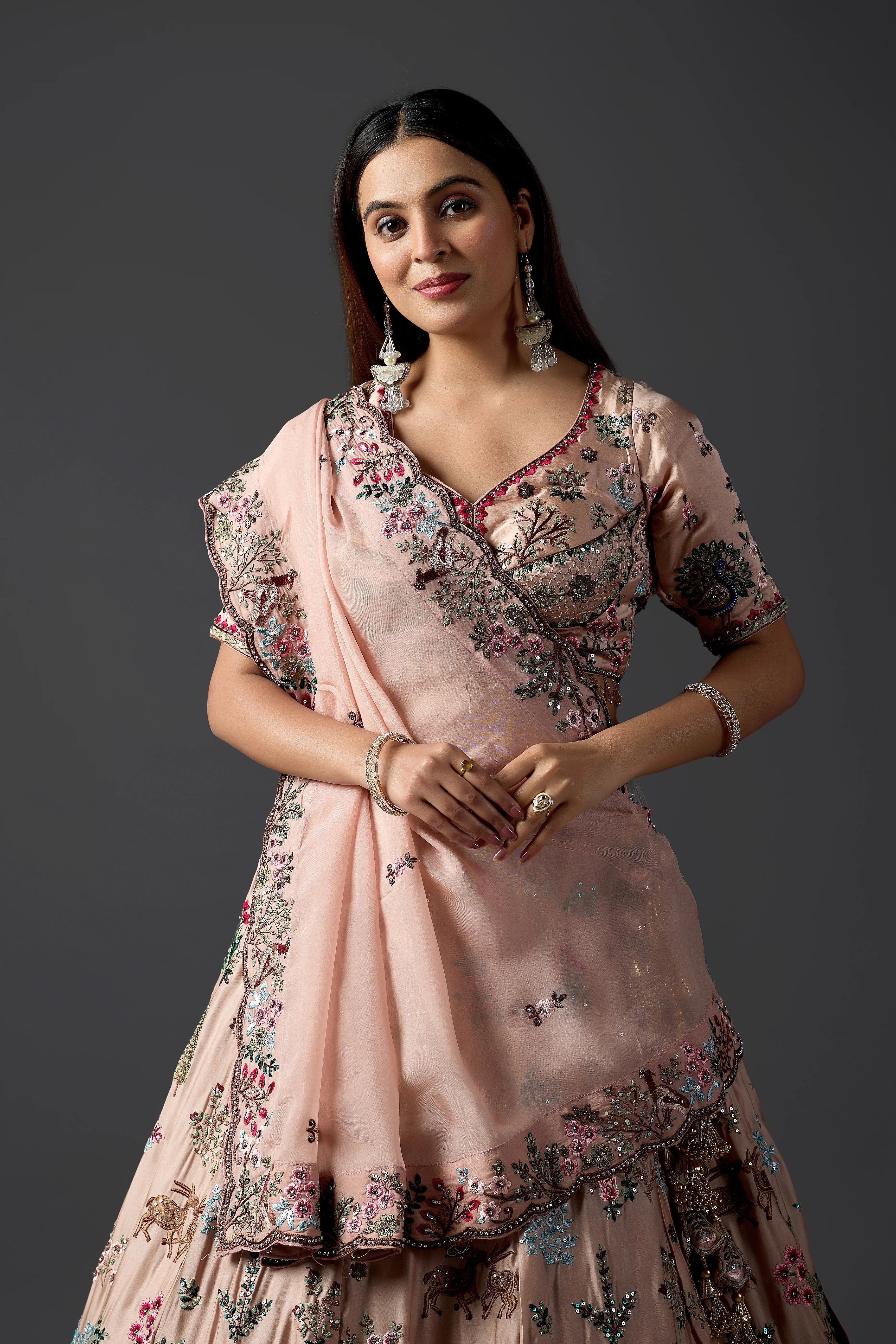 Designer Branded Blush Pink Handcrafted Lehenga Choli with Sequins & Floral Motifs | Premium Festive Collection