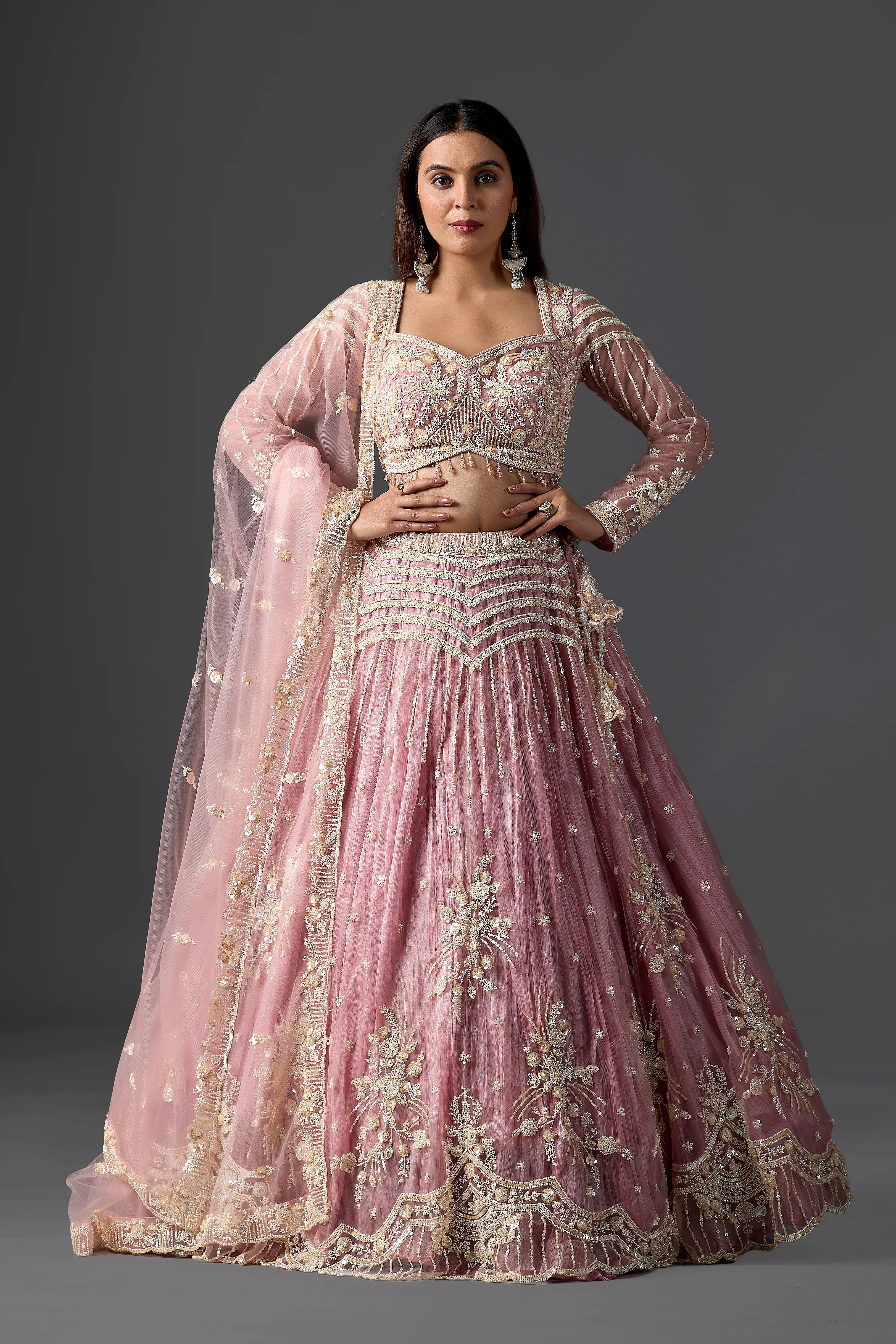 Rose Pink Net Embroidered Lehenga Choli Set with heavy Blouse & Dupatta