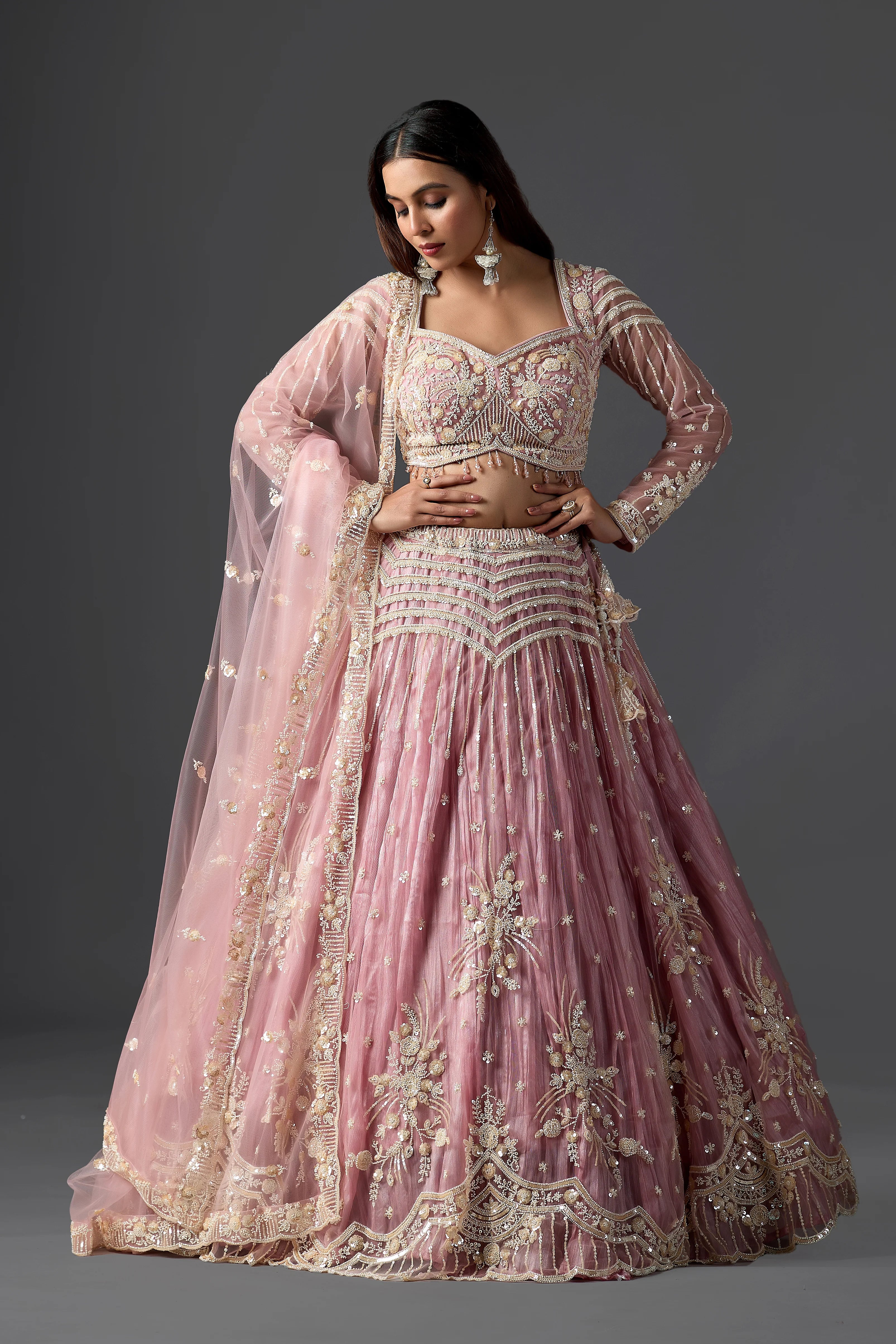 Rose Pink Net Embroidered Lehenga Choli Set with heavy Blouse & Dupatta