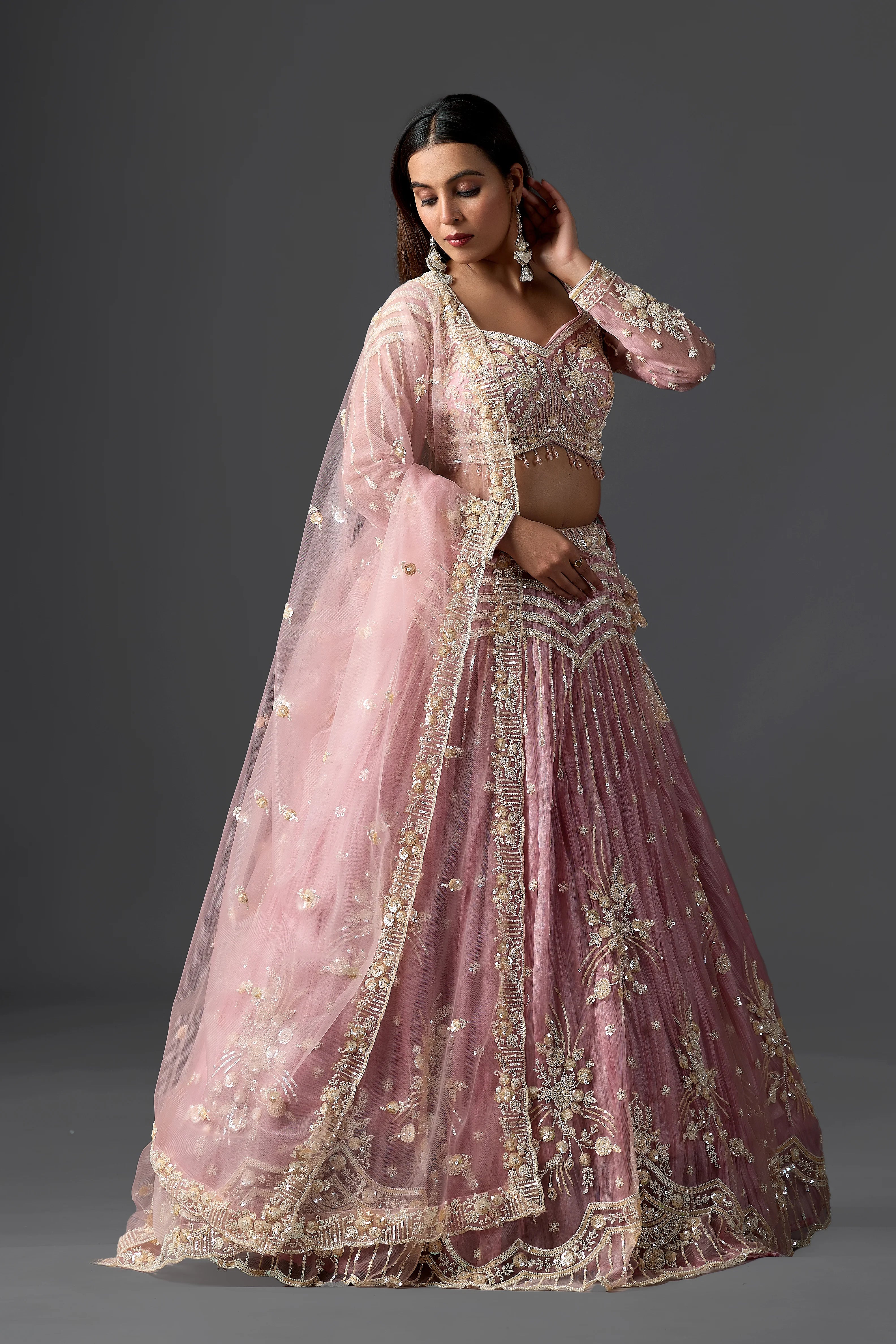 Rose Pink Net Embroidered Lehenga Choli Set with heavy Blouse & Dupatta