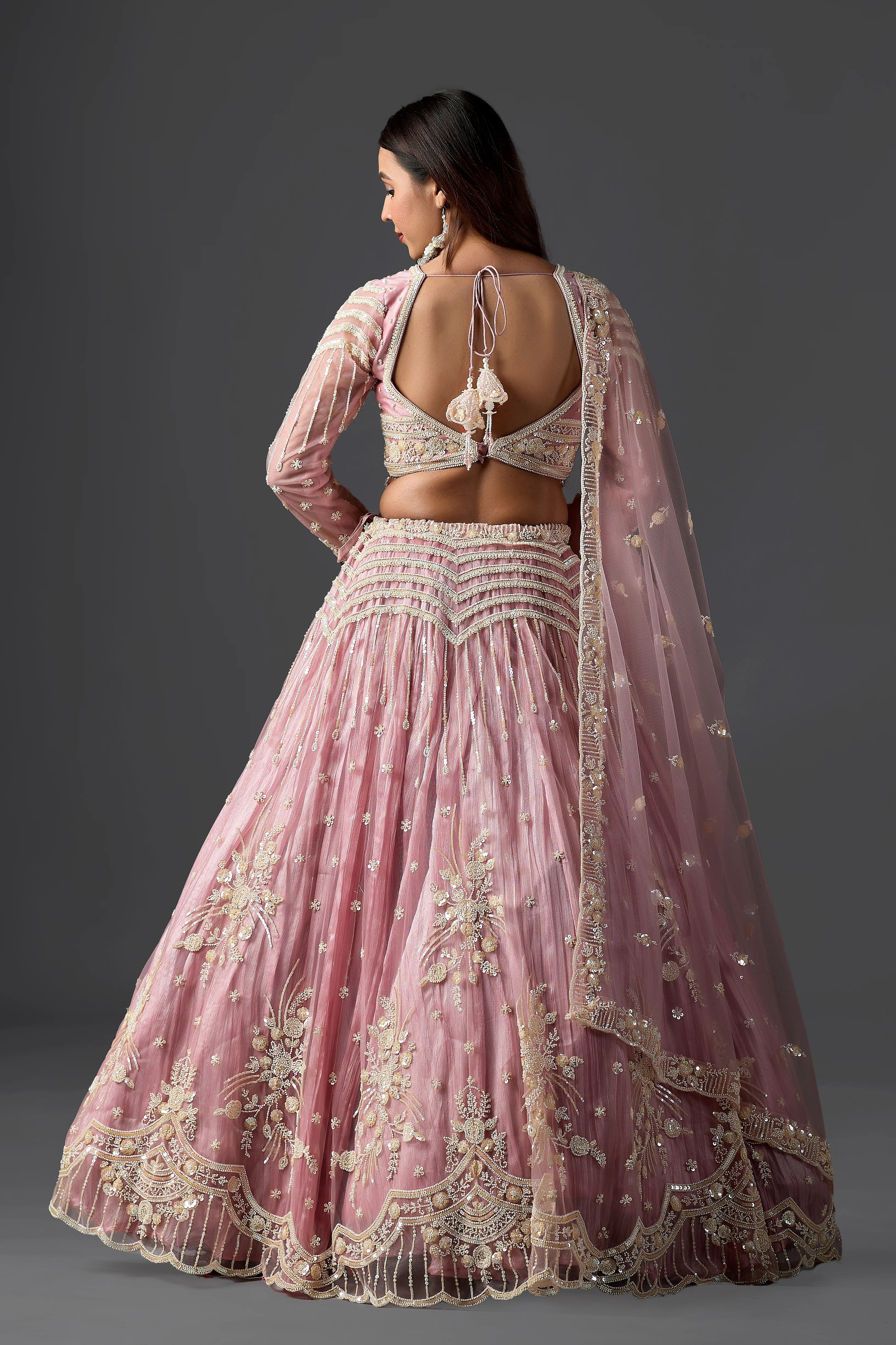 Rose Pink Net Embroidered Lehenga Choli Set with heavy Blouse & Dupatta