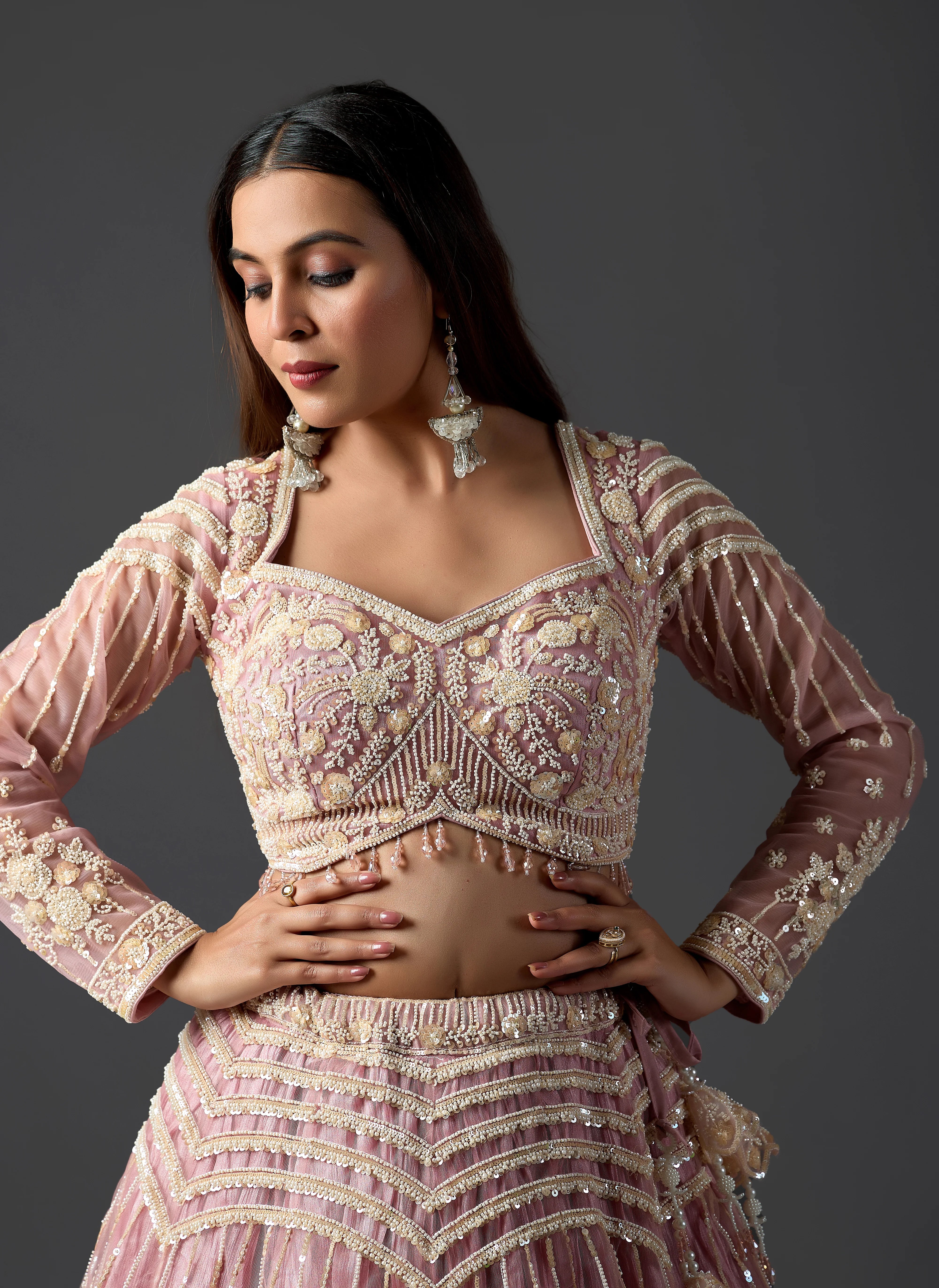 Rose Pink Net Embroidered Lehenga Choli Set with heavy Blouse & Dupatta