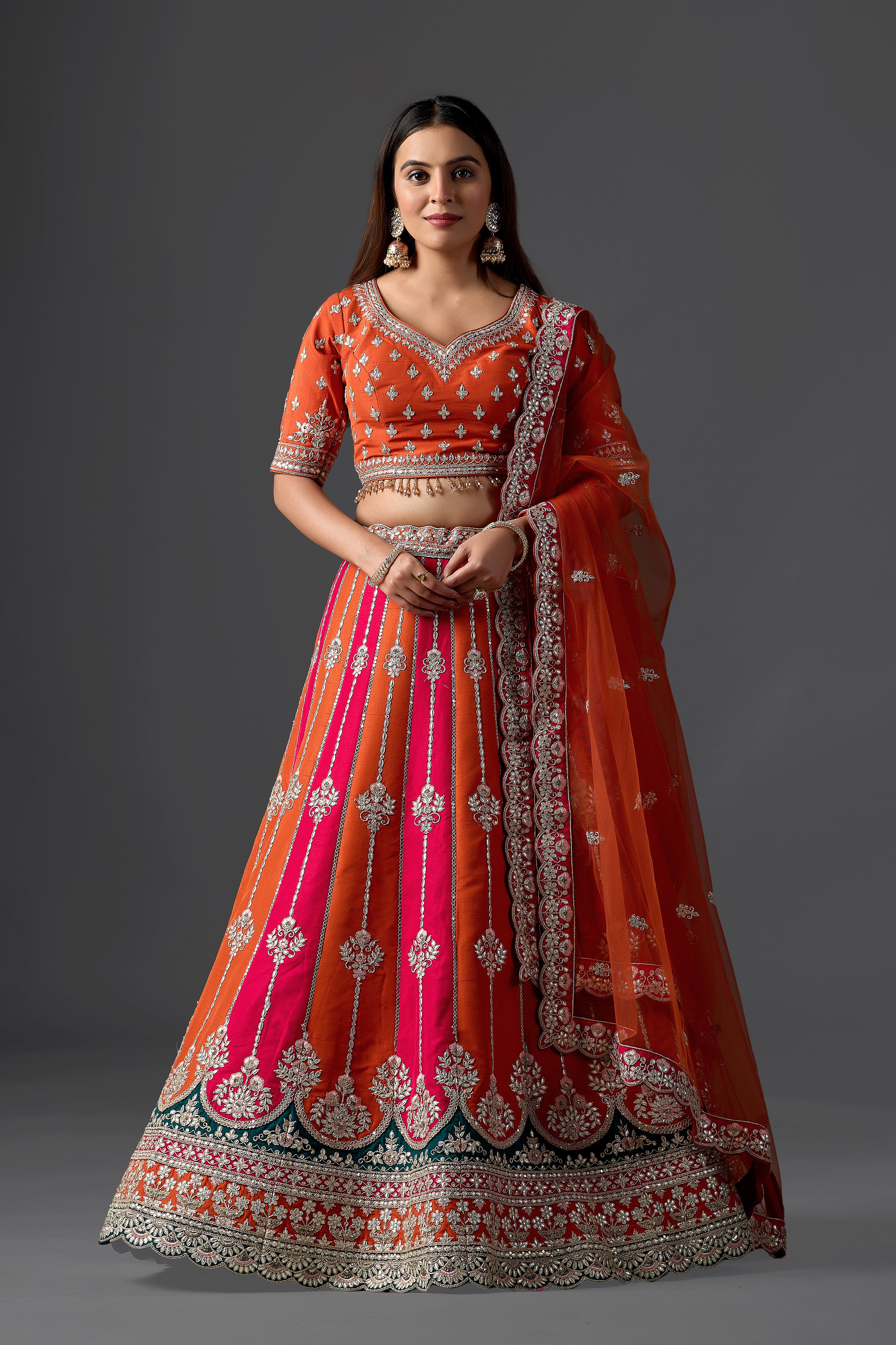 Vibrant Orange & Rani Pink Silk Gota Patti Lehenga Choli Set with Dupatta | Wedding, Mehendi & Sangeet Wear