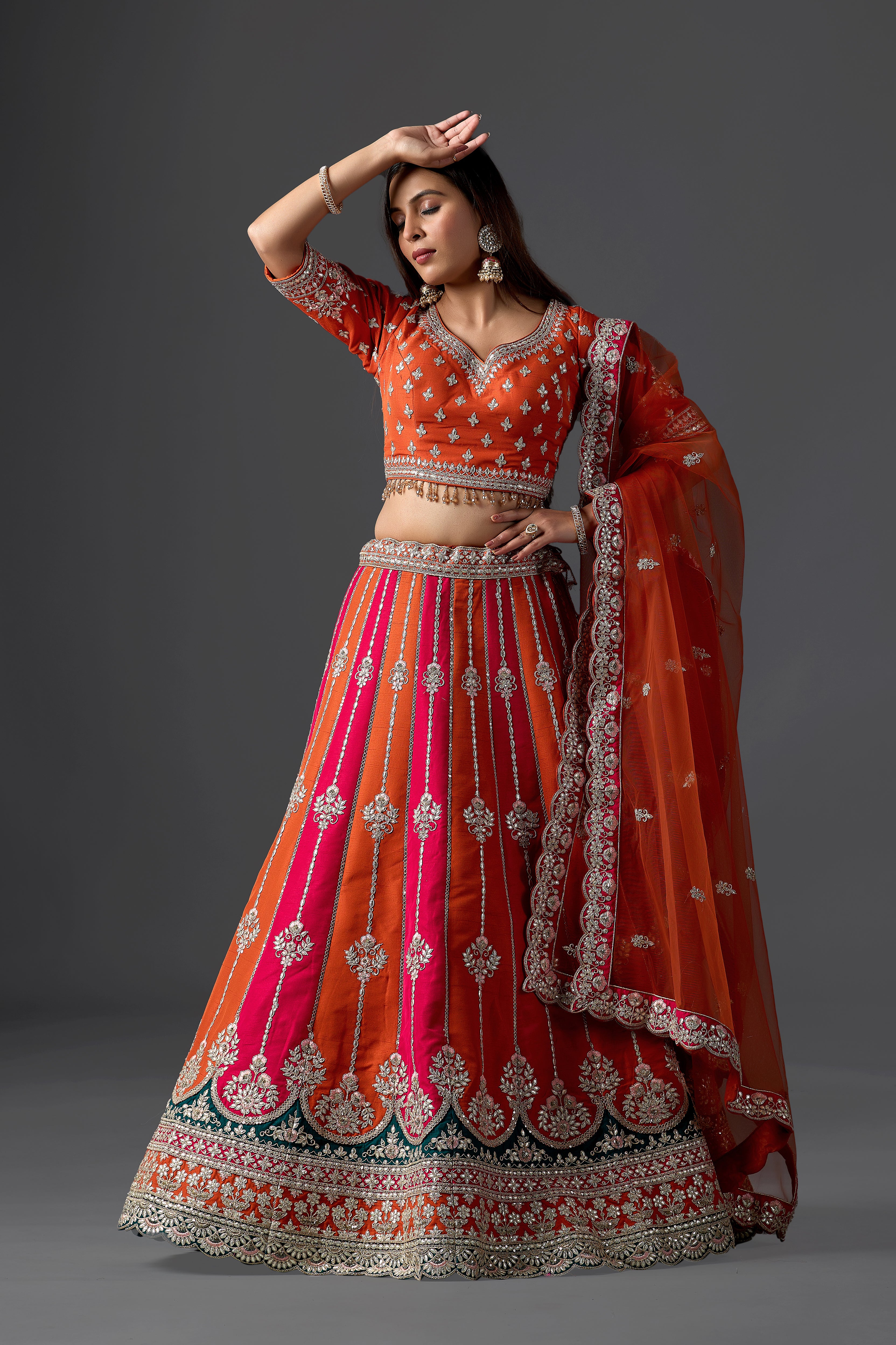 Vibrant Orange & Rani Pink Silk Gota Patti Lehenga Choli Set with Dupatta | Wedding, Mehendi & Sangeet Wear