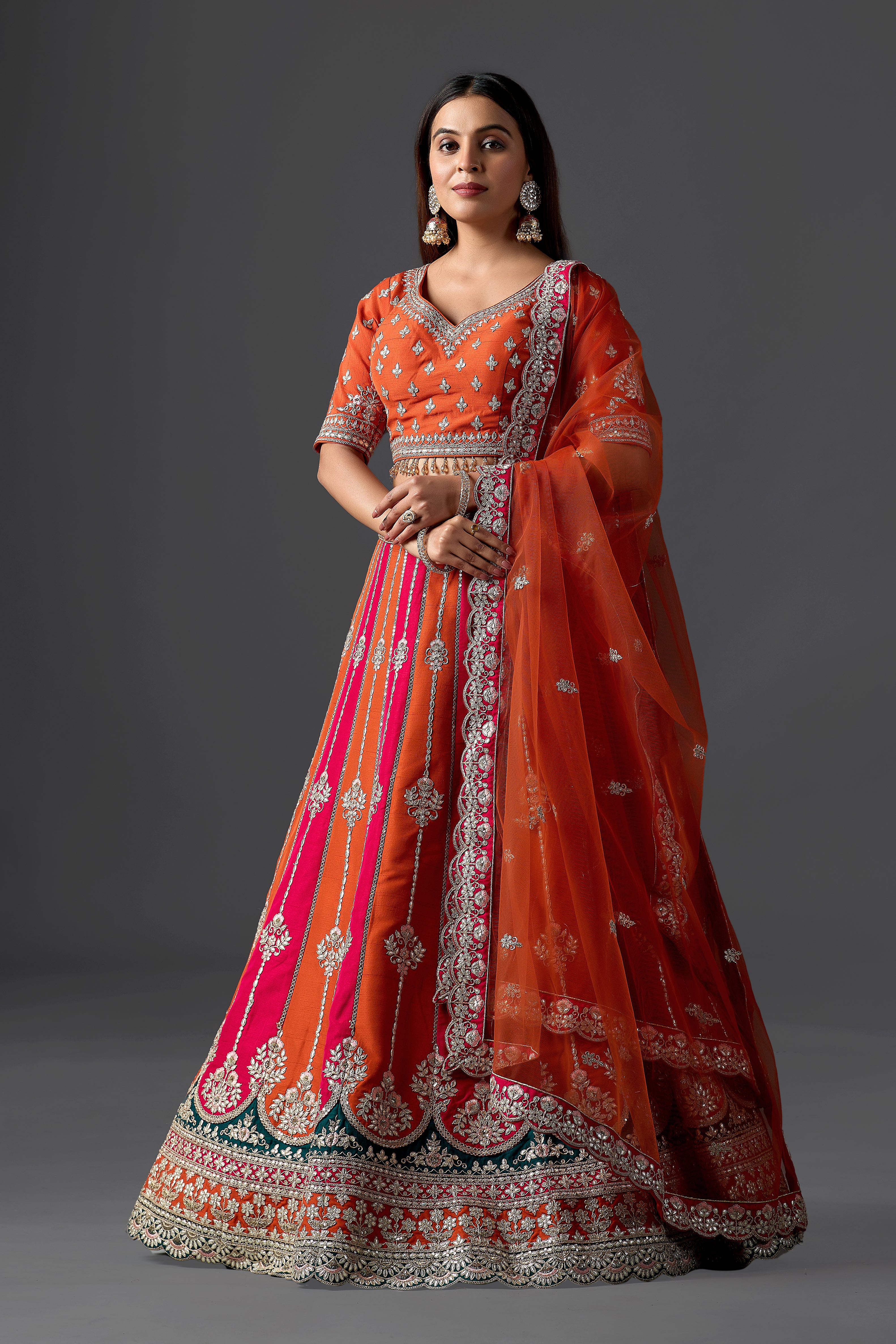Vibrant Orange & Rani Pink Silk Gota Patti Lehenga Choli Set with Dupatta | Wedding, Mehendi & Sangeet Wear