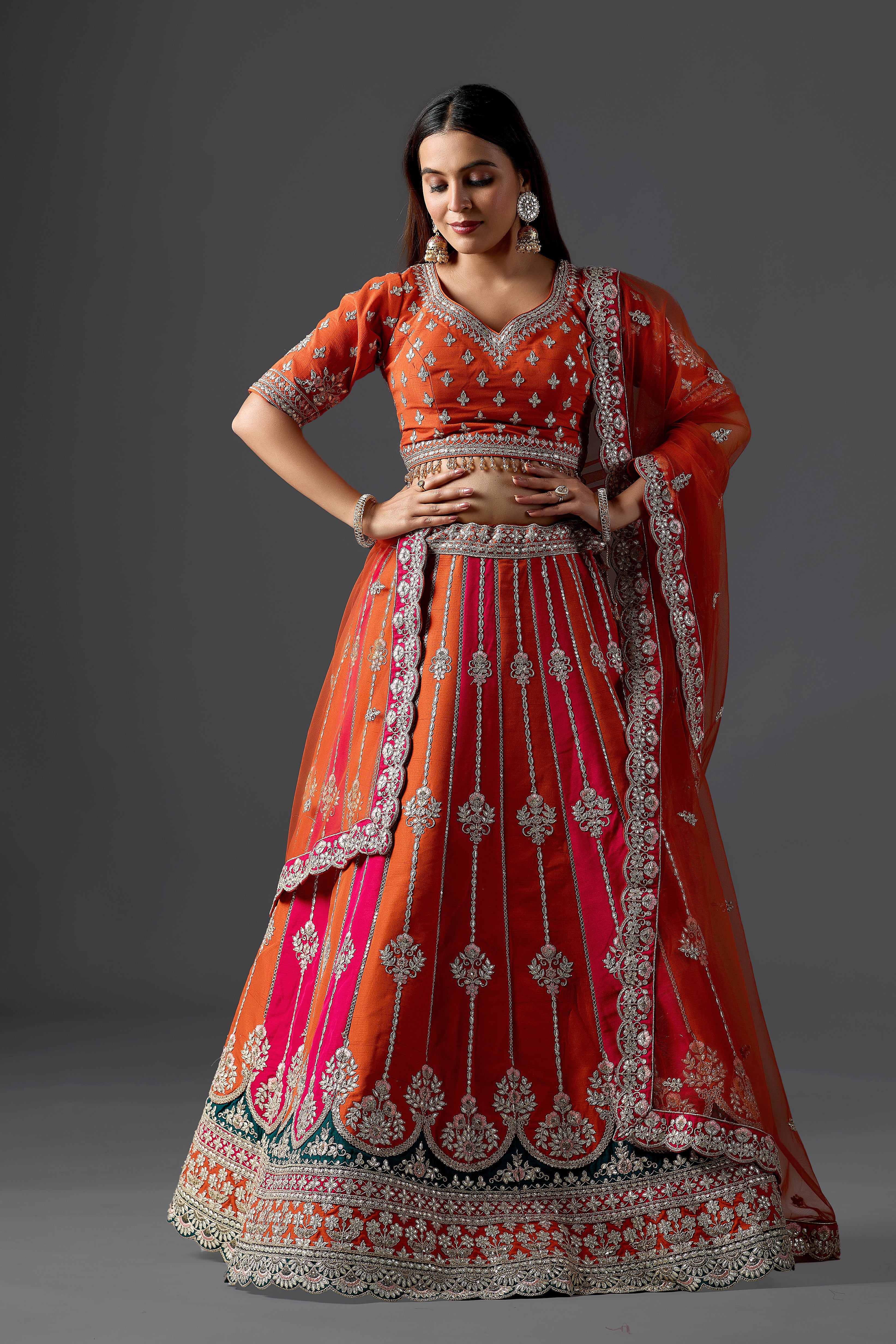 Vibrant Orange & Rani Pink Silk Gota Patti Lehenga Choli Set with Dupatta | Wedding, Mehendi & Sangeet Wear