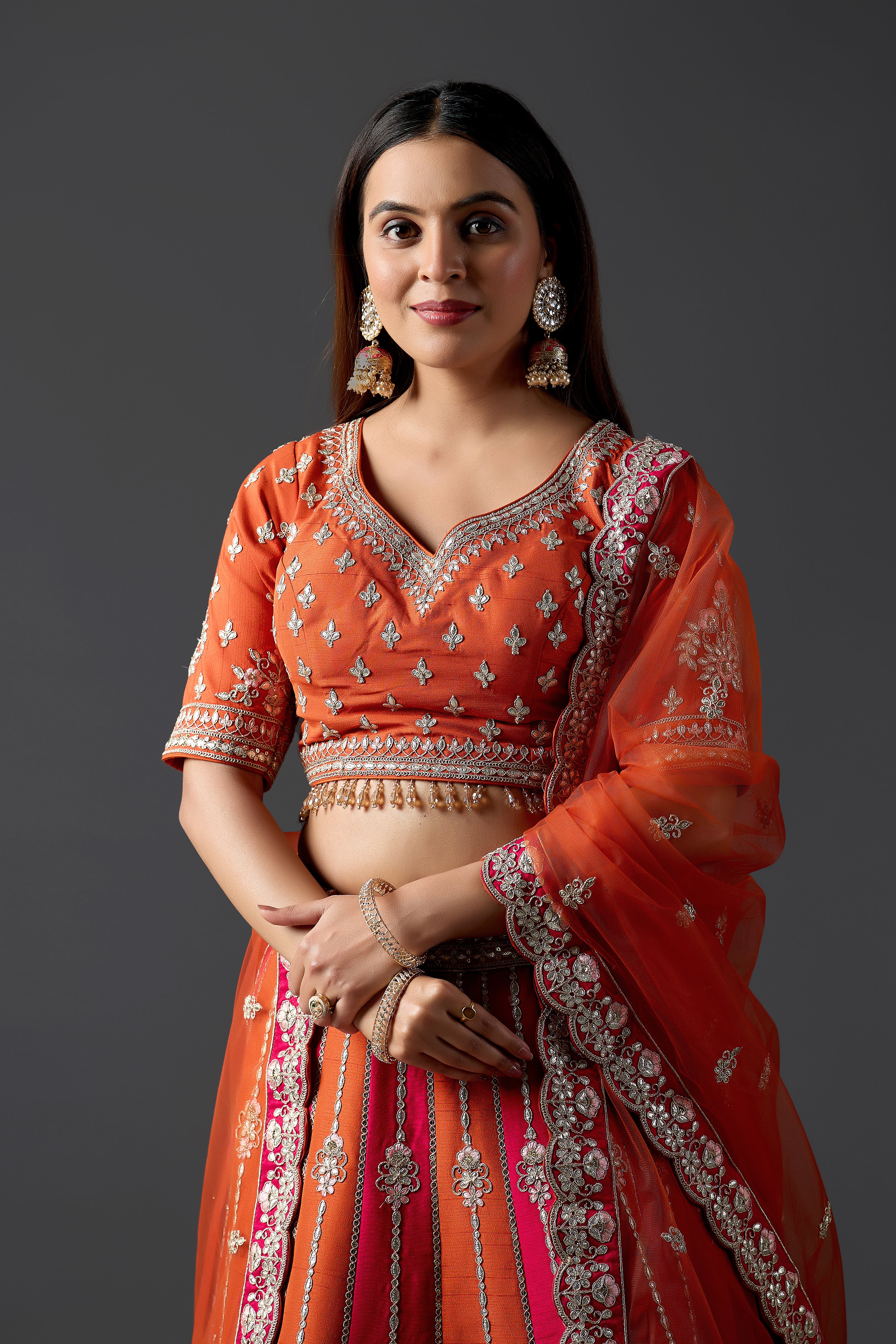 Vibrant Orange & Rani Pink Silk Gota Patti Lehenga Choli Set with Dupatta | Wedding, Mehendi & Sangeet Wear