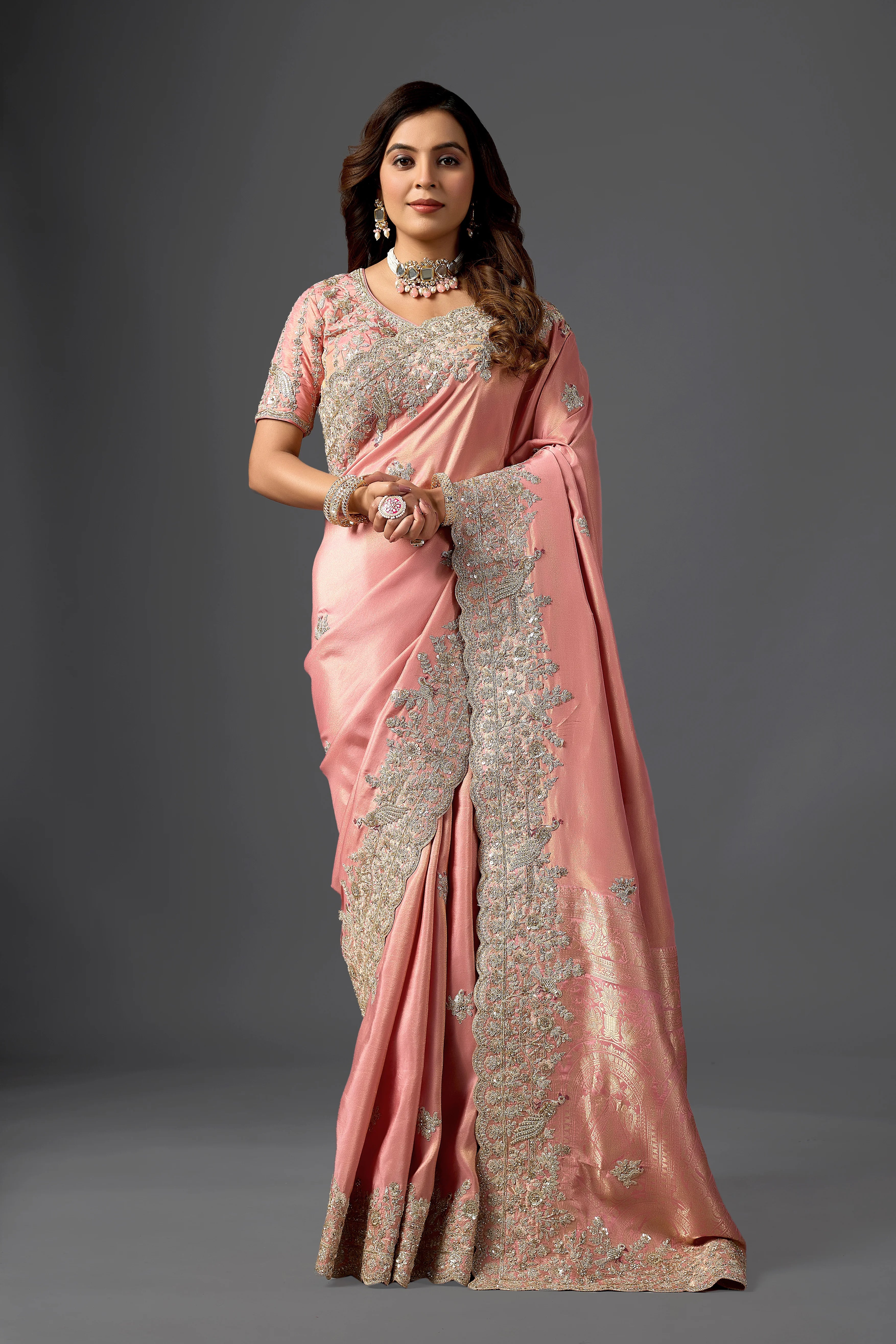 Dusty Rose Tissue Saree With Intricate Cutdana Border