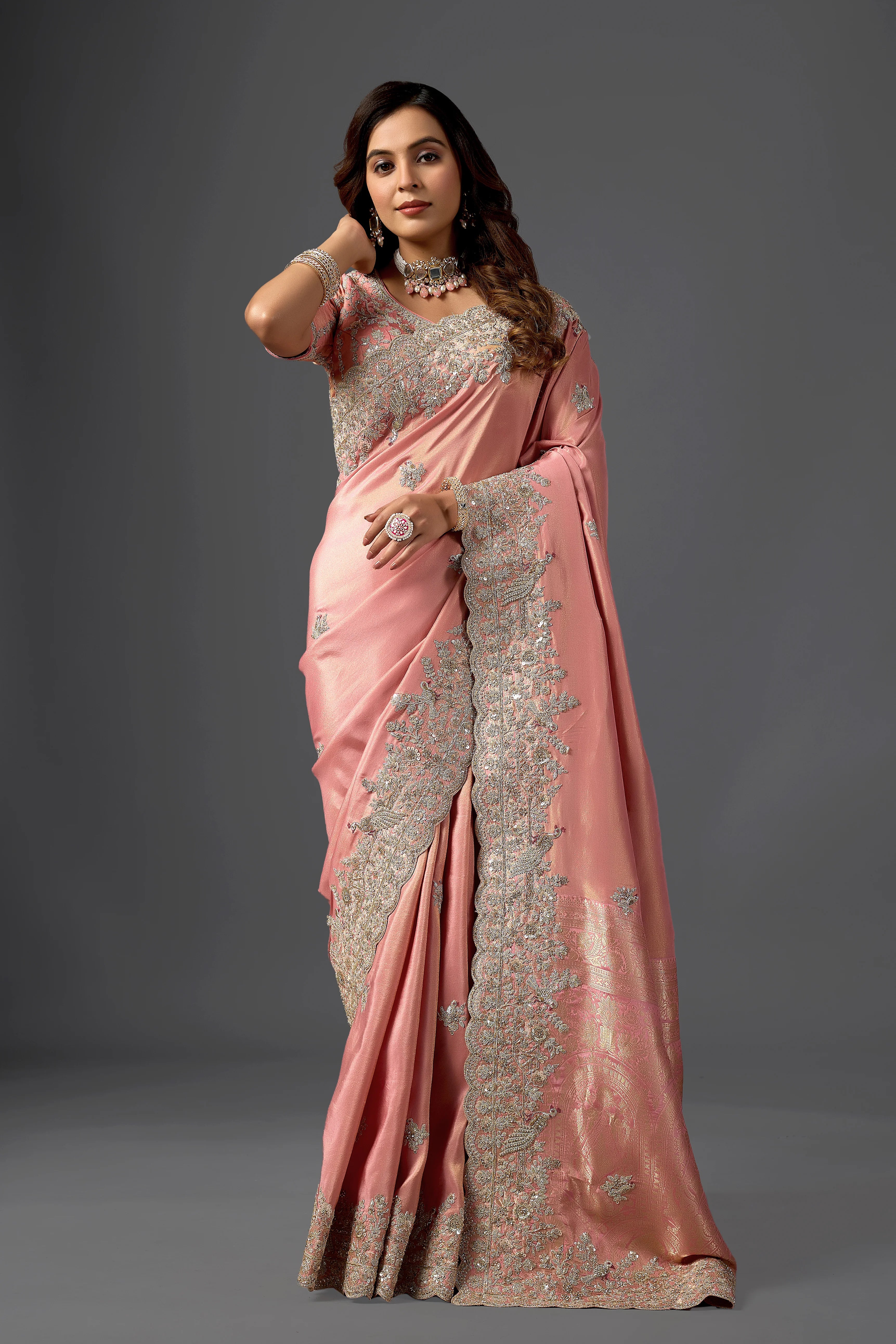 Dusty Rose Tissue Saree With Intricate Cutdana Border