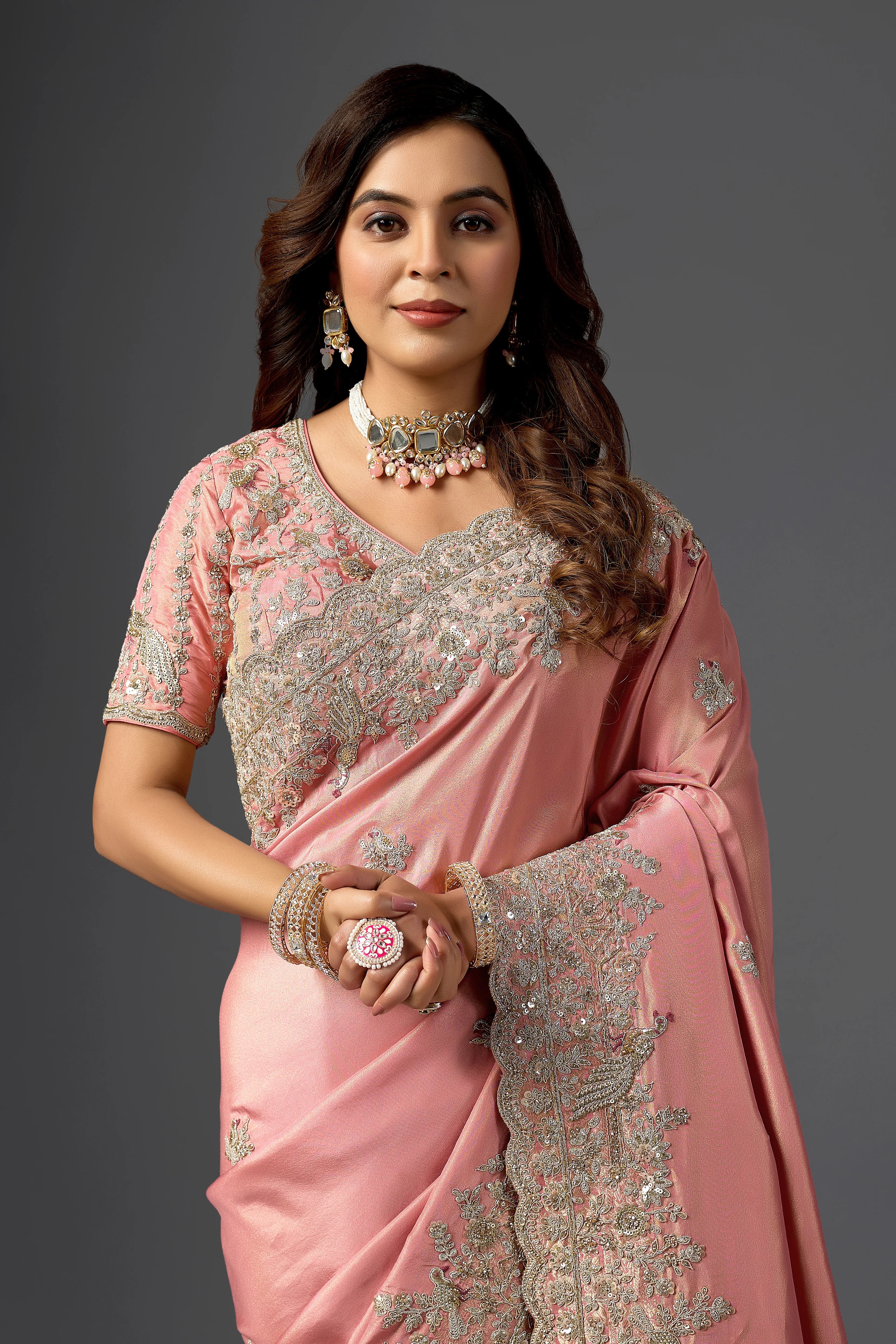 Dusty Rose Tissue Saree With Intricate Cutdana Border