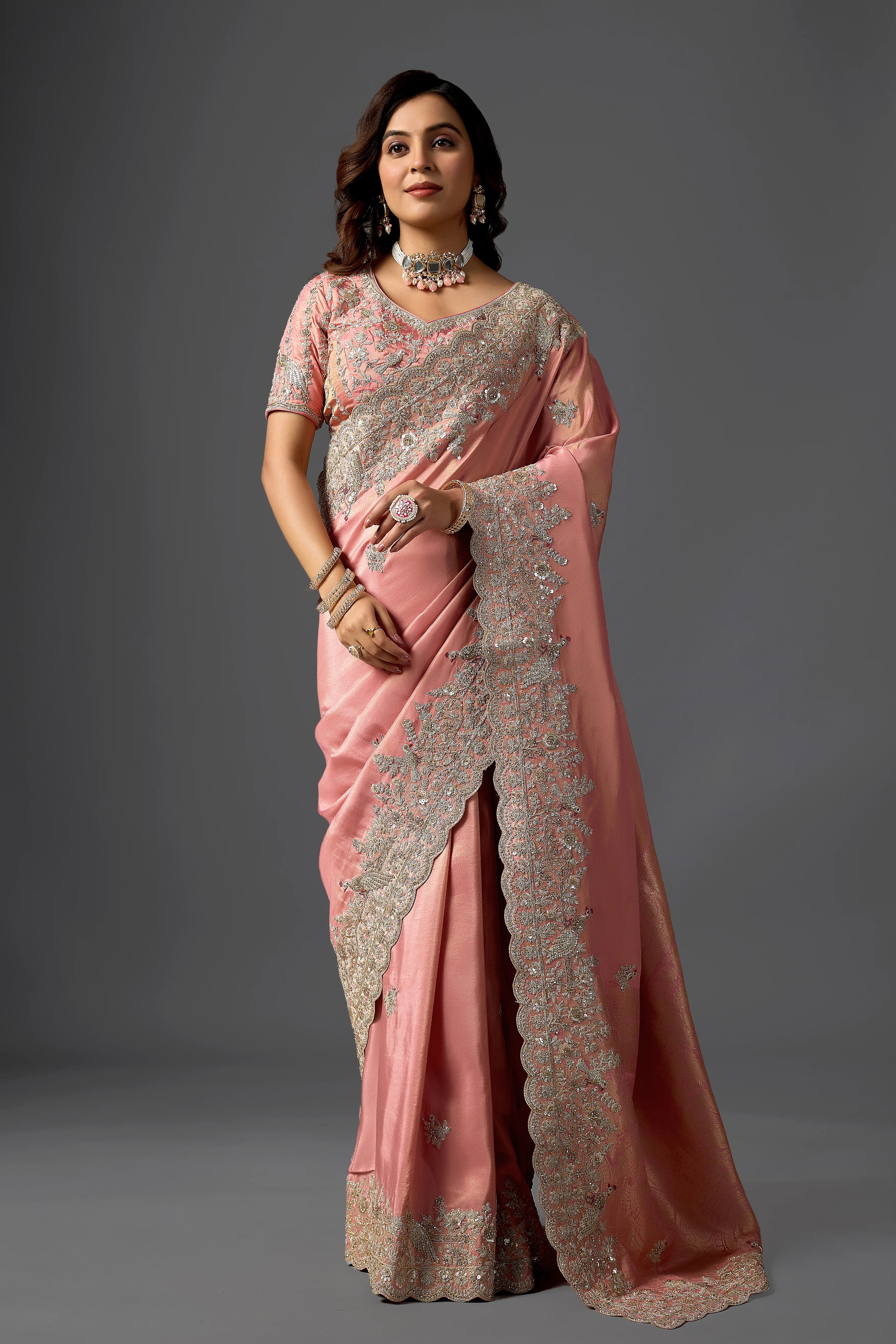 Dusty Rose Tissue Saree With Intricate Cutdana Border