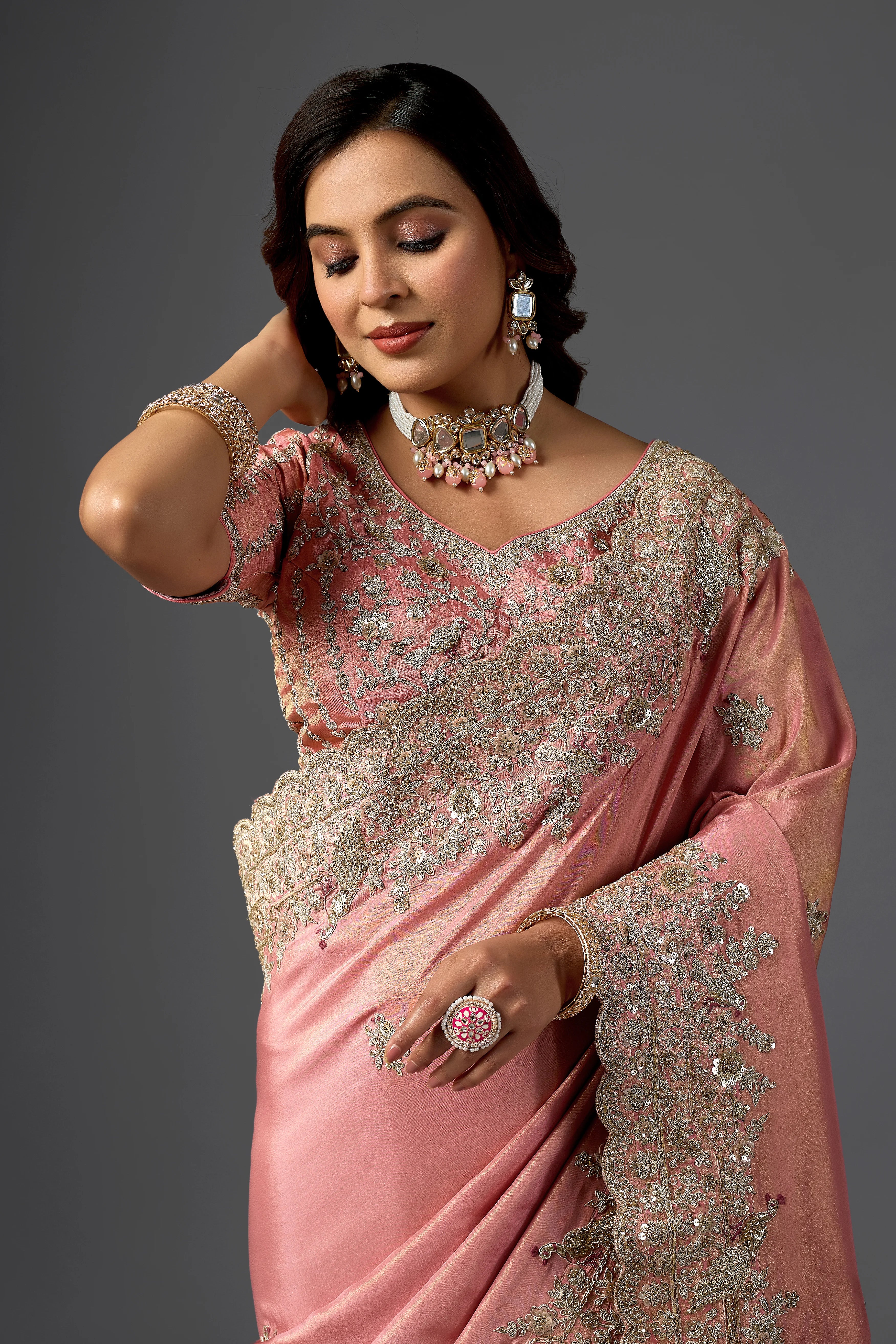 Dusty Rose Tissue Saree With Intricate Cutdana Border
