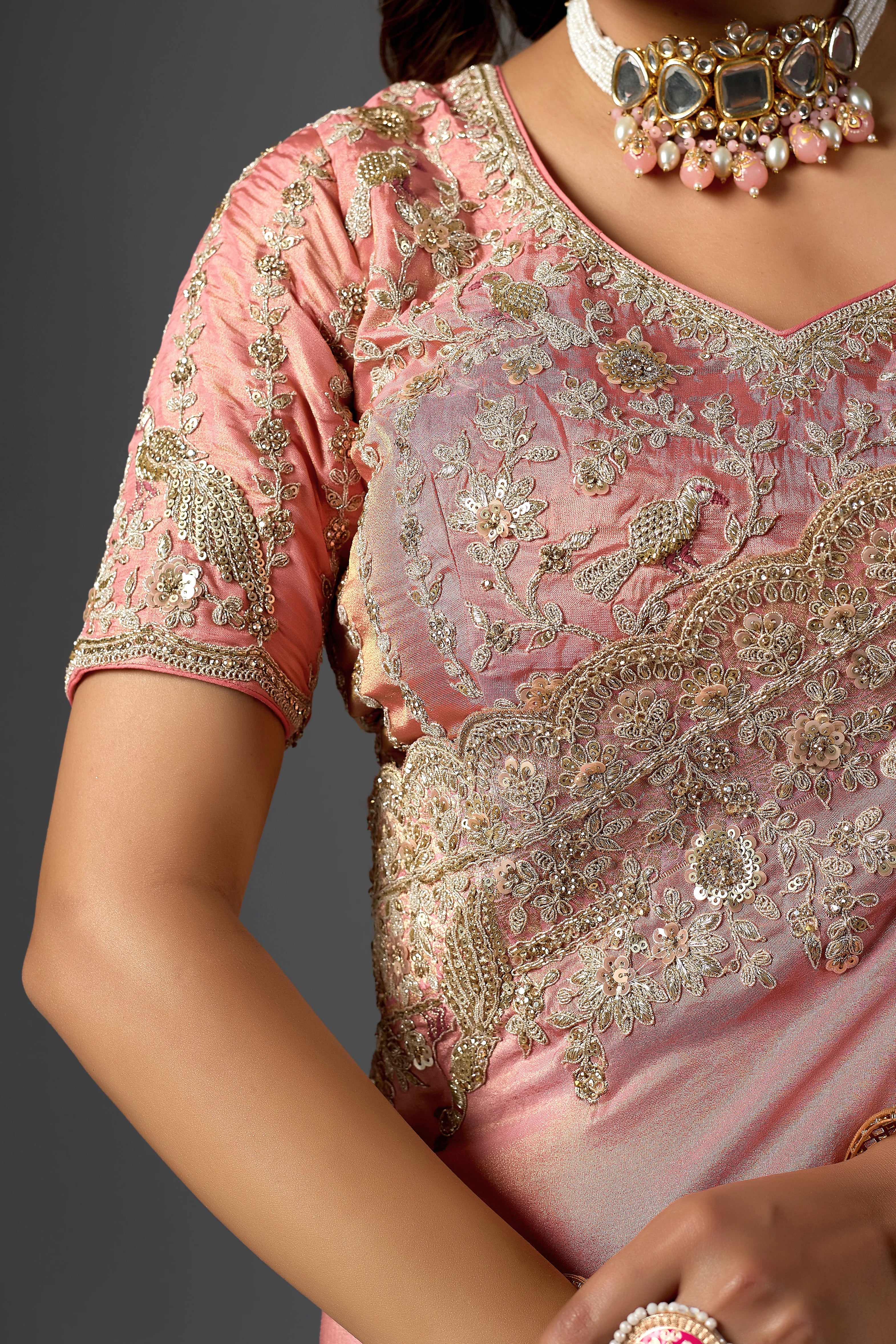 Dusty Rose Tissue Saree With Intricate Cutdana Border