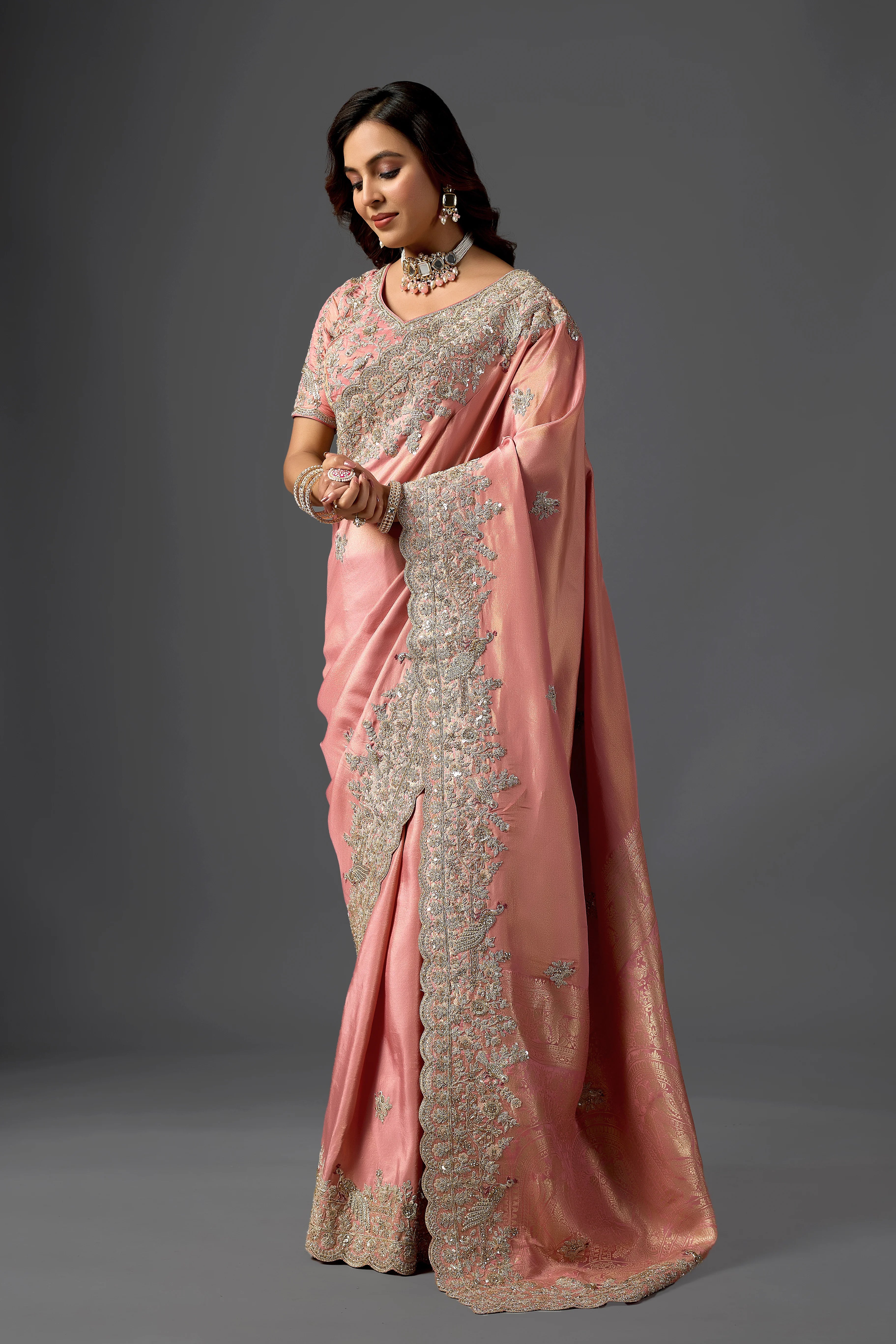 Dusty Rose Tissue Saree With Intricate Cutdana Border
