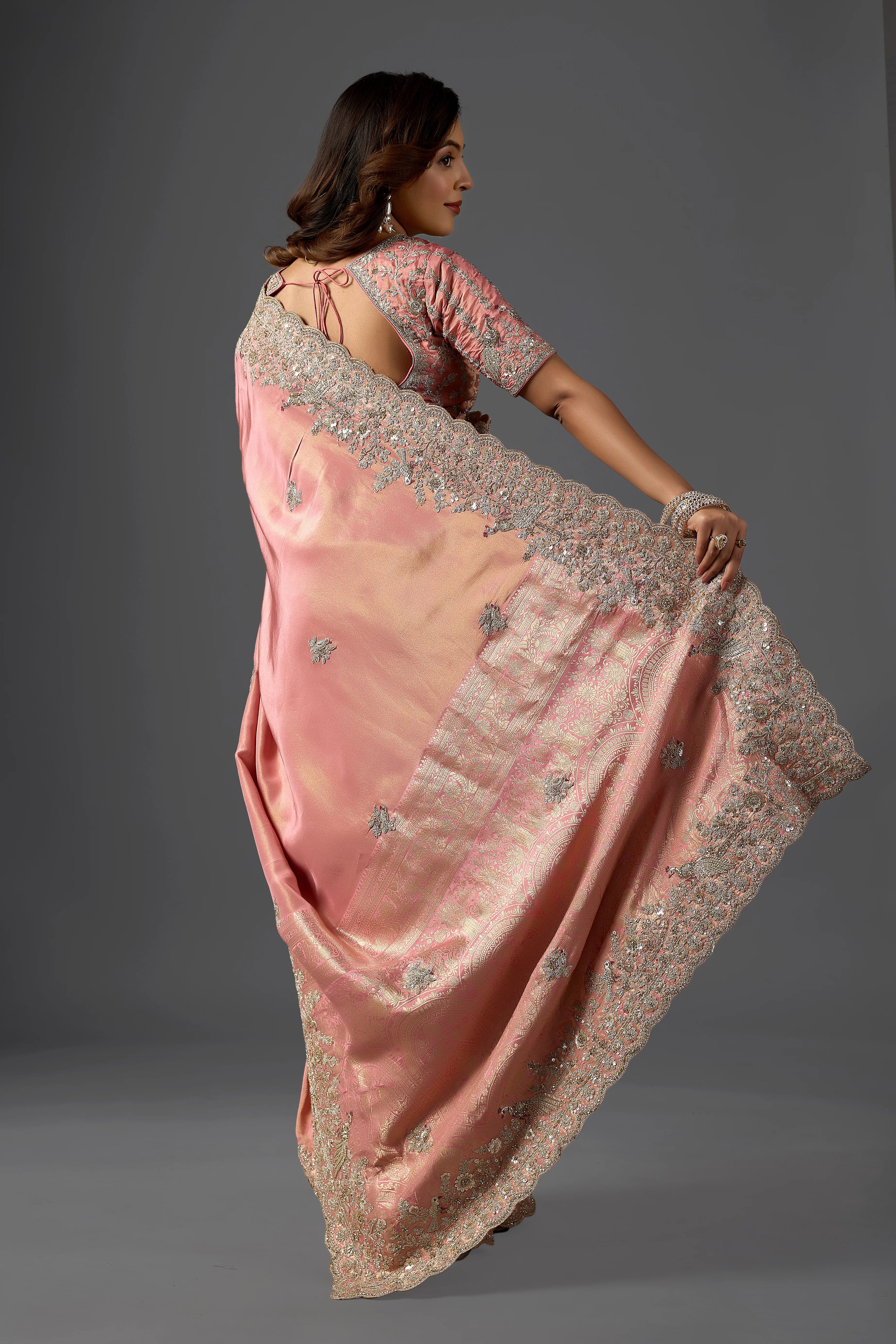 Dusty Rose Tissue Saree With Intricate Cutdana Border