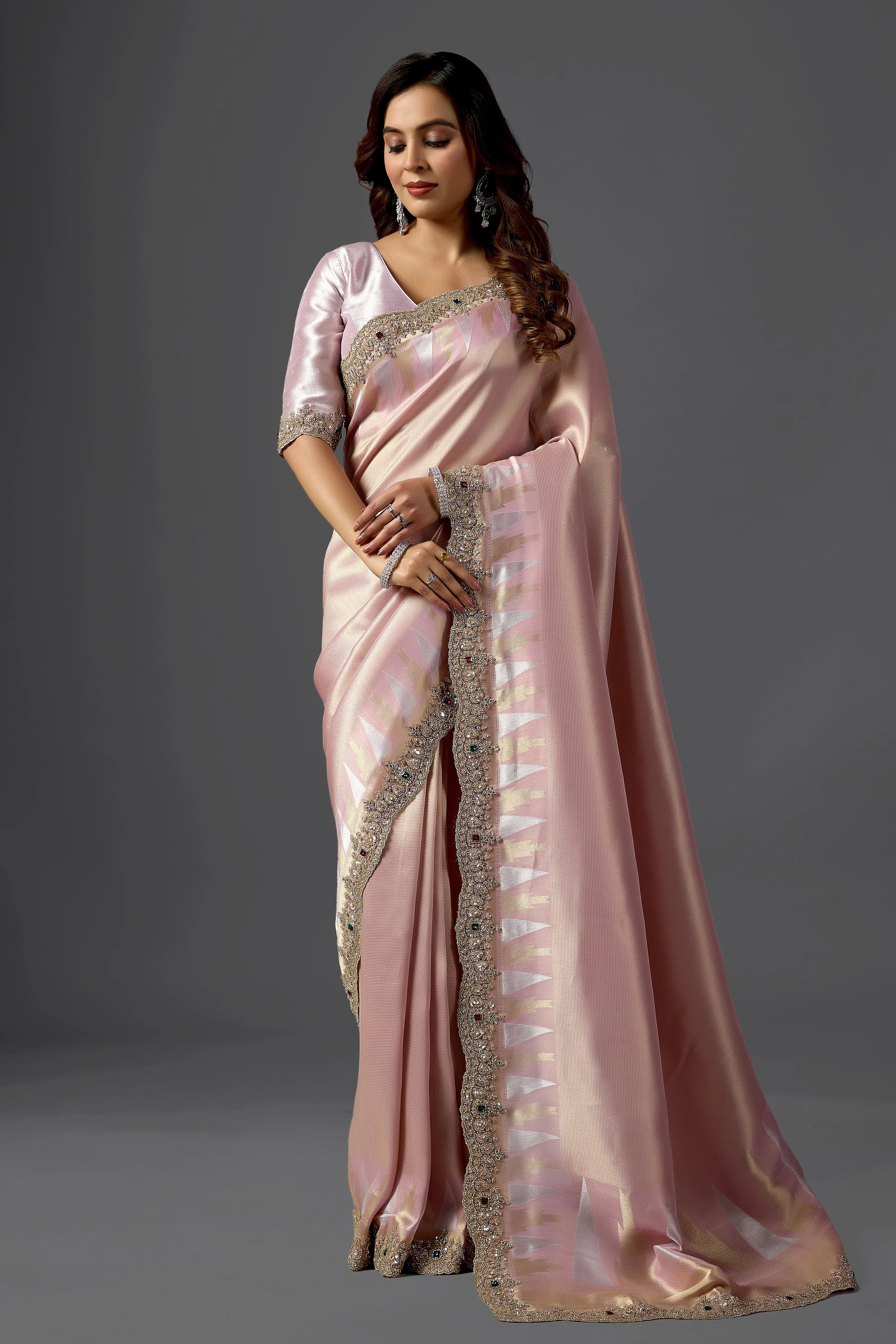 Blush Pink Brocade Tissue Silk Saree with Embroidered Border | Wedding & Festive Wear