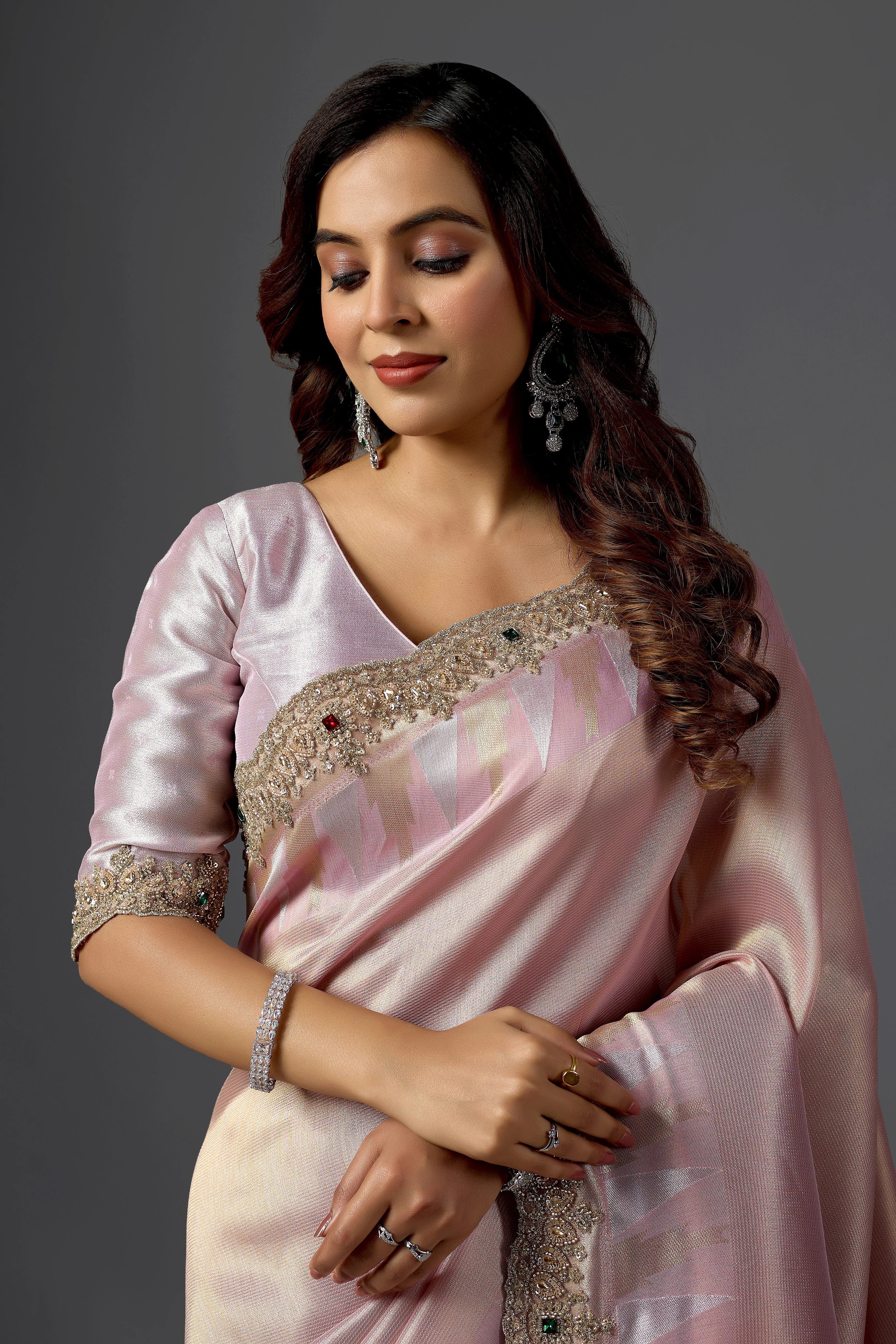 Blush Pink Brocade Tissue Silk Saree with Embroidered Border | Wedding & Festive Wear