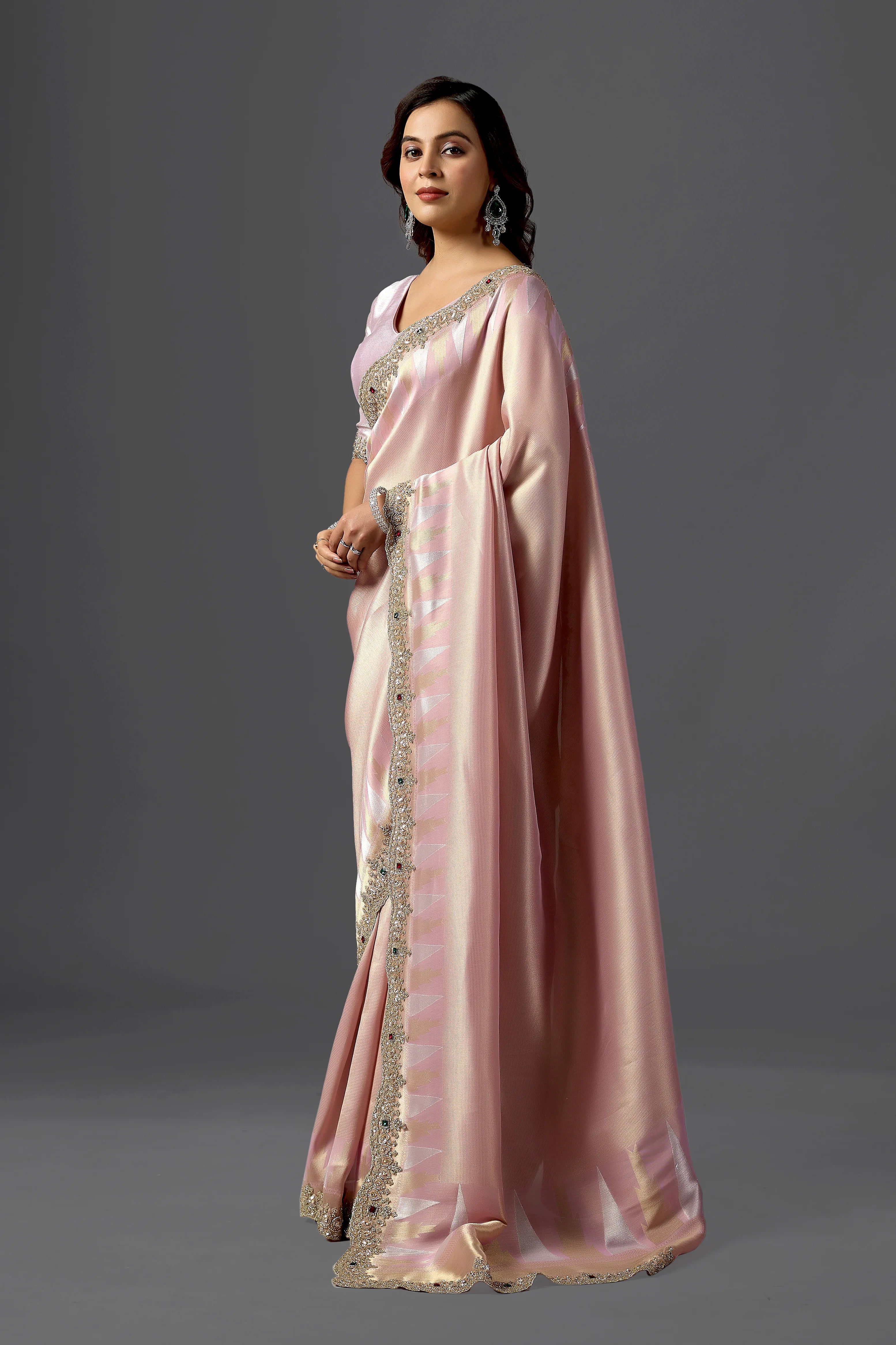 Blush Pink Brocade Tissue Silk Saree with Embroidered Border | Wedding & Festive Wear