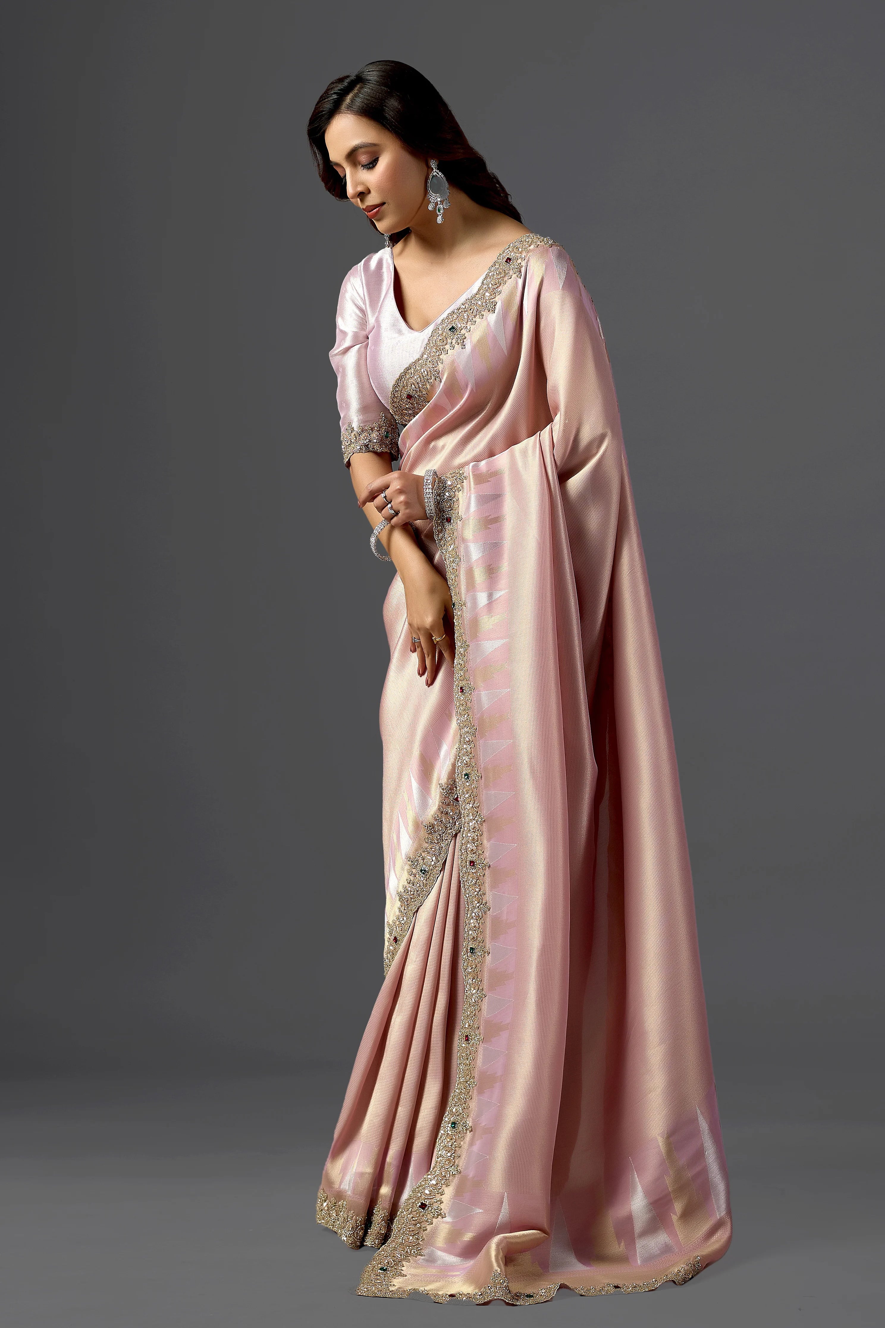 Blush Pink Brocade Tissue Silk Saree with Embroidered Border | Wedding & Festive Wear