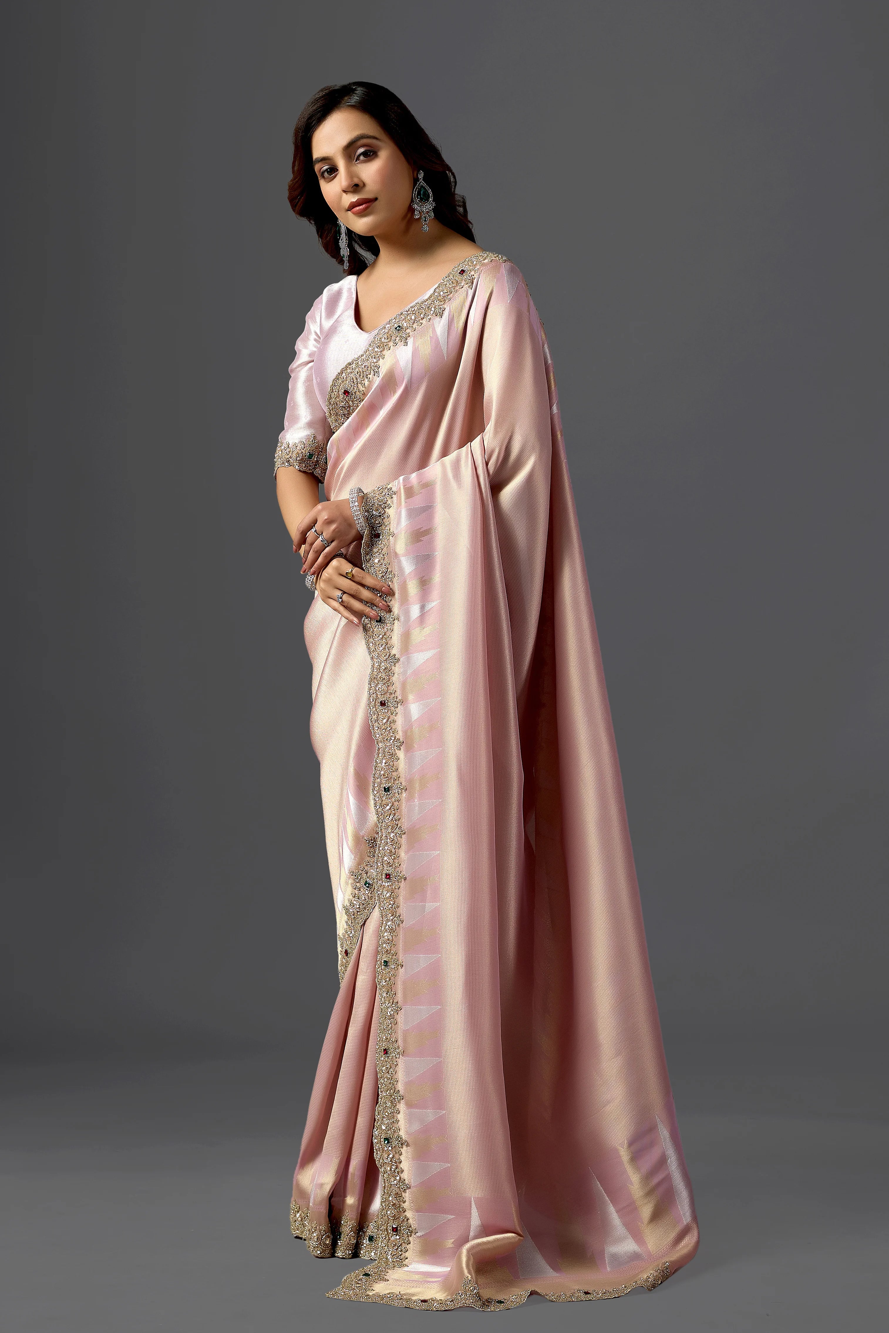 Blush Pink Brocade Tissue Silk Saree with Embroidered Border | Wedding & Festive Wear