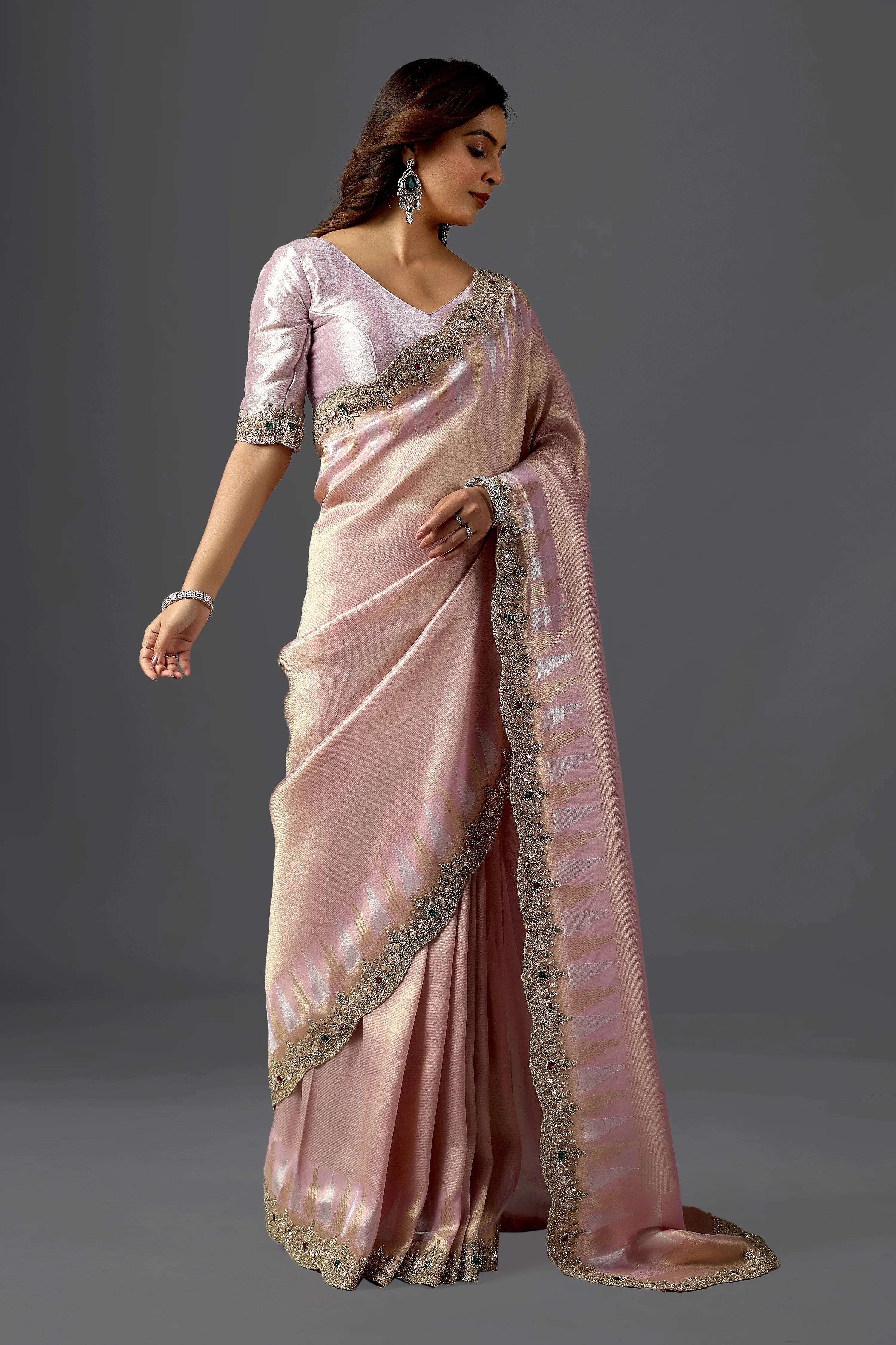 Blush Pink Brocade Tissue Silk Saree with Embroidered Border | Wedding & Festive Wear