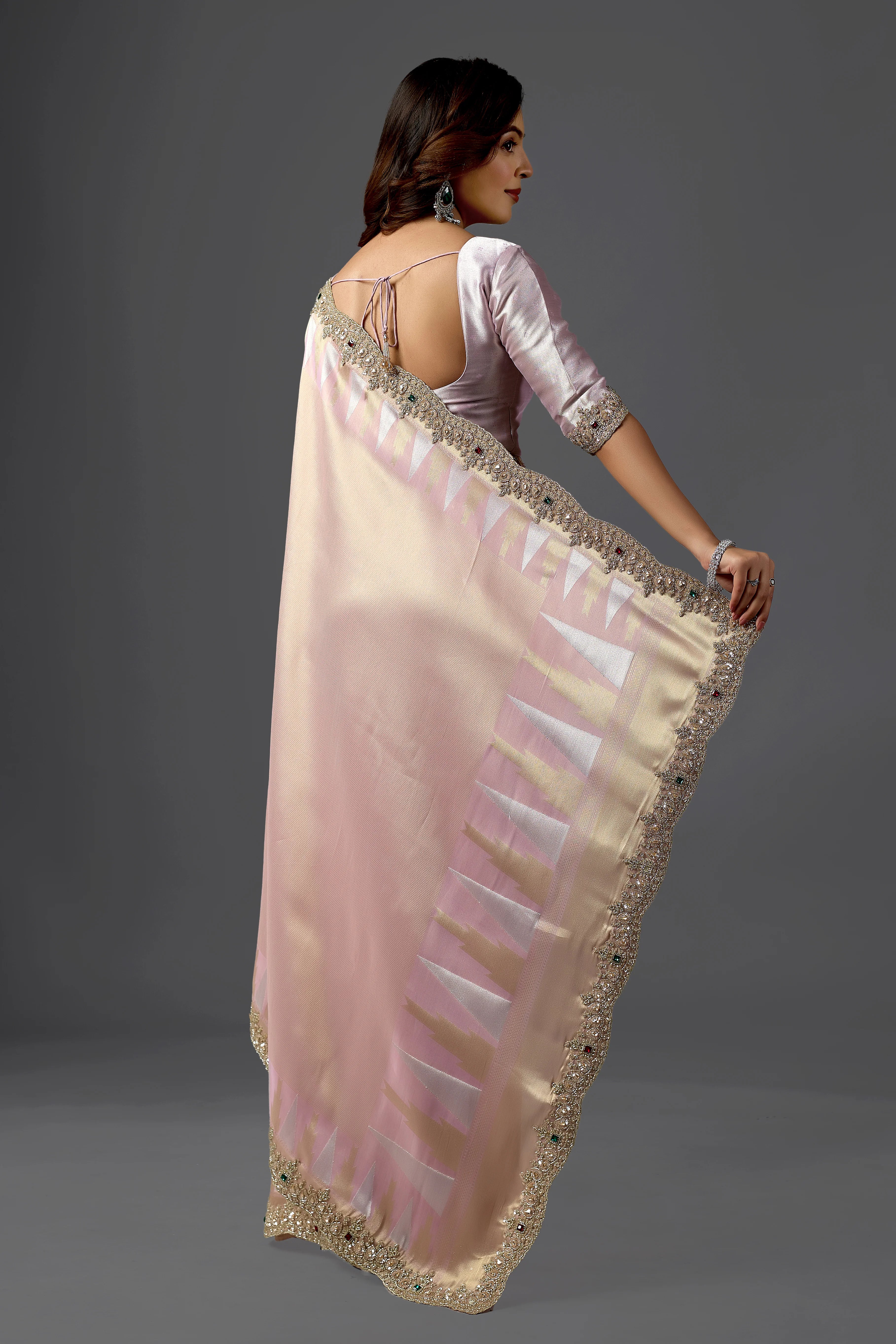 Blush Pink Brocade Tissue Silk Saree with Embroidered Border | Wedding & Festive Wear