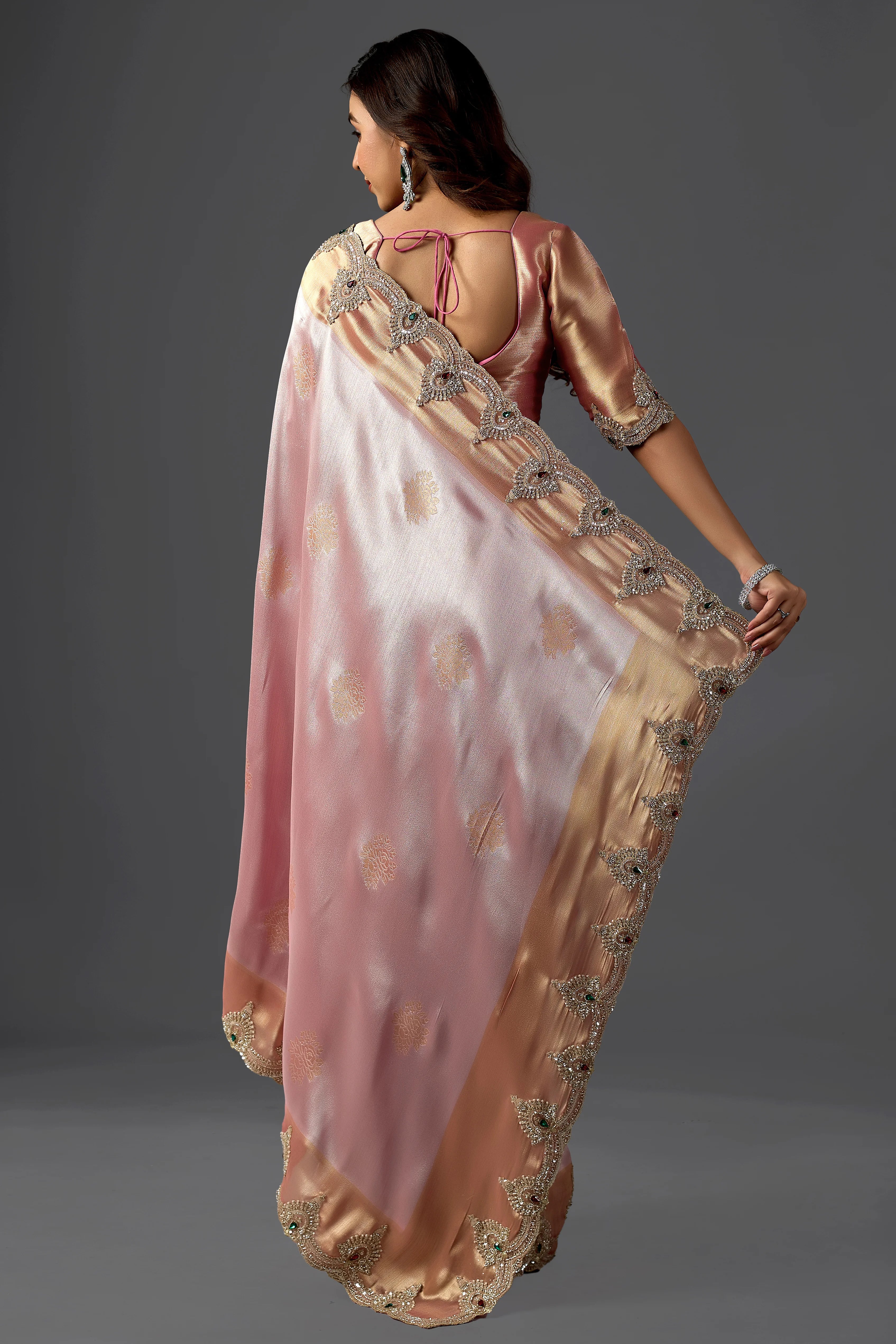 Baby Pink Tissue Silk Saree with Handcrafted Pearl & Sequin Embroidery