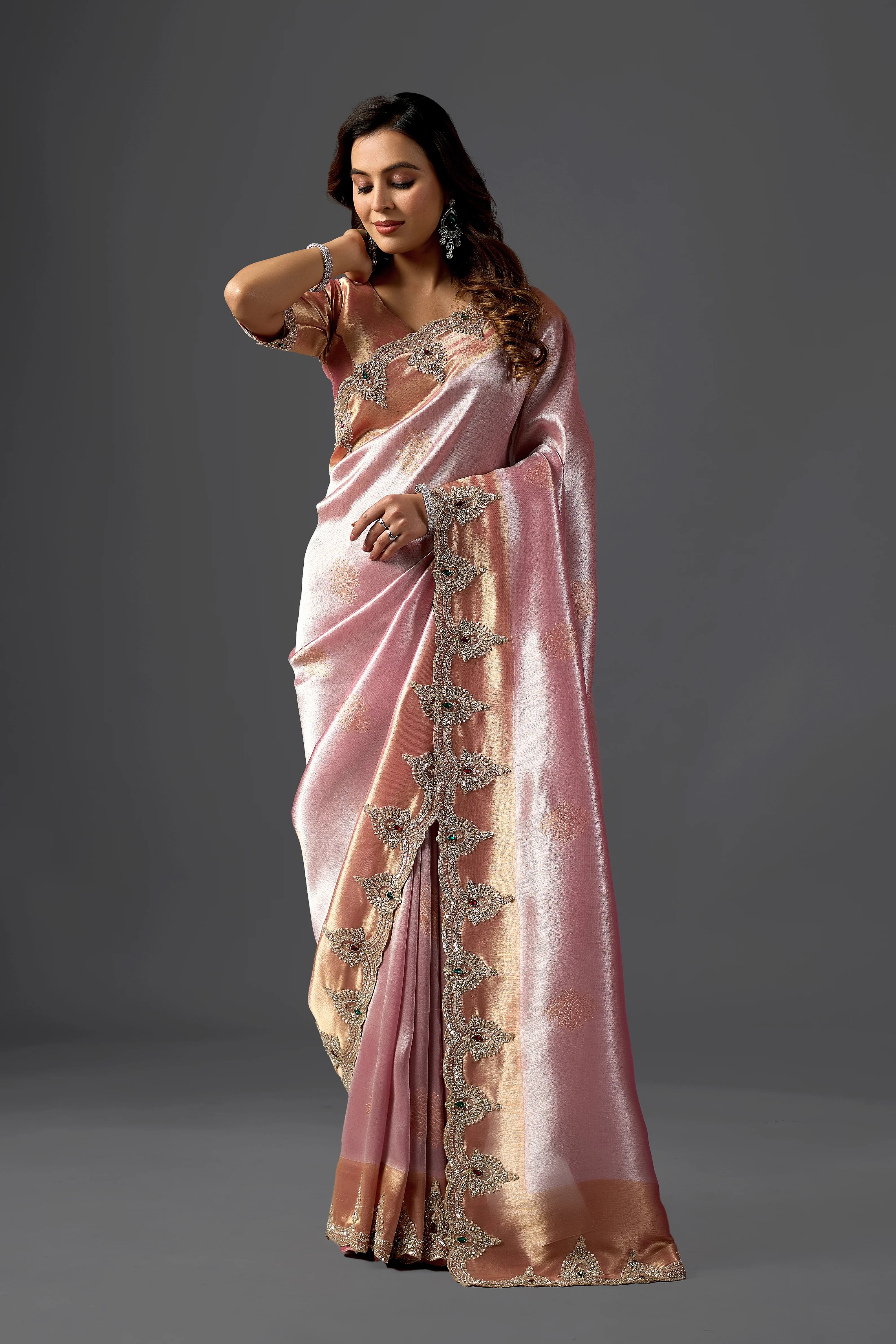 Baby Pink Tissue Silk Saree with Handcrafted Pearl & Sequin Embroidery