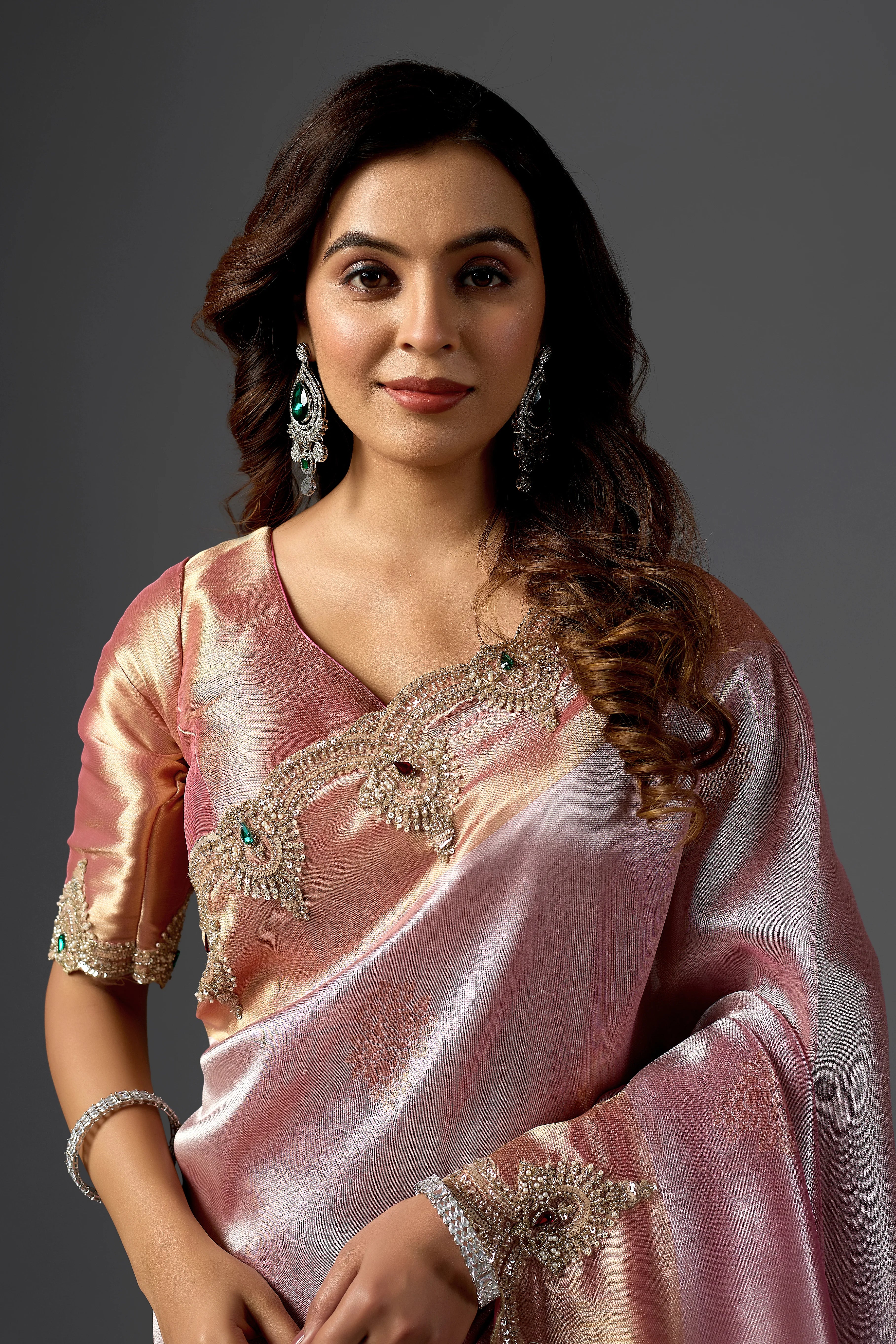 Baby Pink Tissue Silk Saree with Handcrafted Pearl & Sequin Embroidery