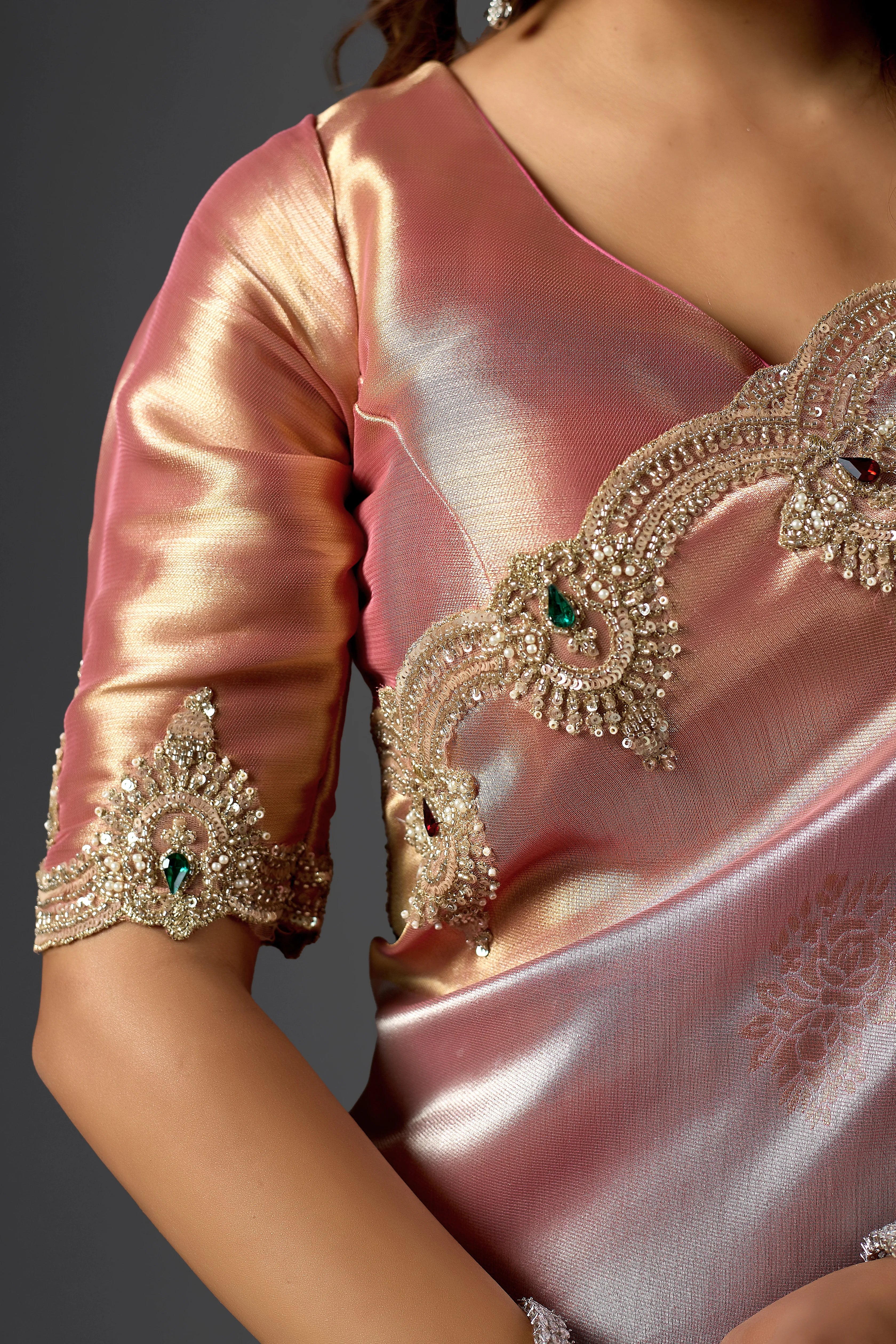 Baby Pink Tissue Silk Saree with Handcrafted Pearl & Sequin Embroidery