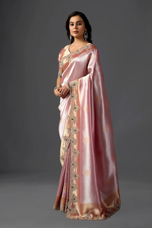 Baby Pink Tissue Silk Saree with Handcrafted Pearl & Sequin Embroidery