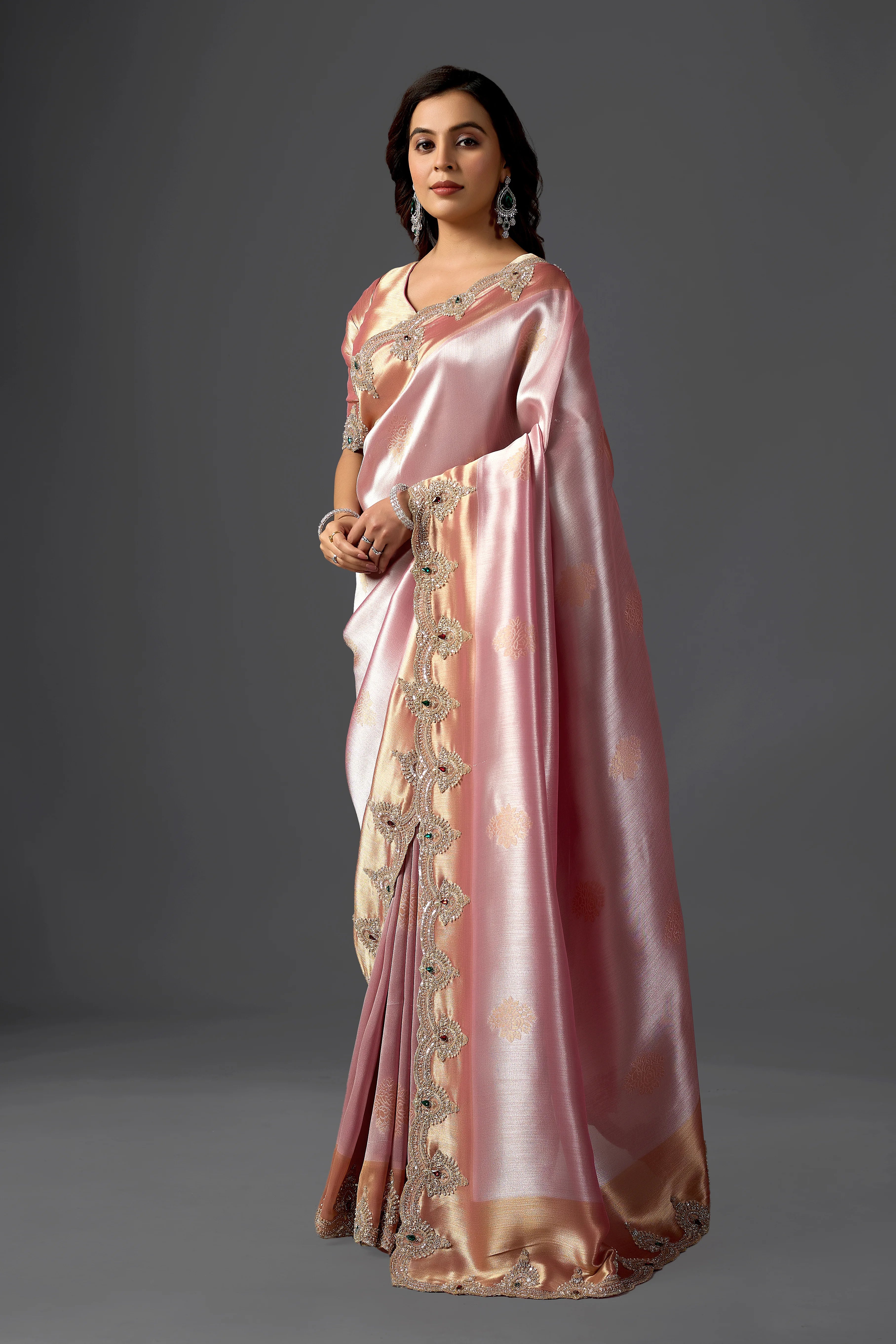 Baby Pink Tissue Silk Saree with Handcrafted Pearl & Sequin Embroidery