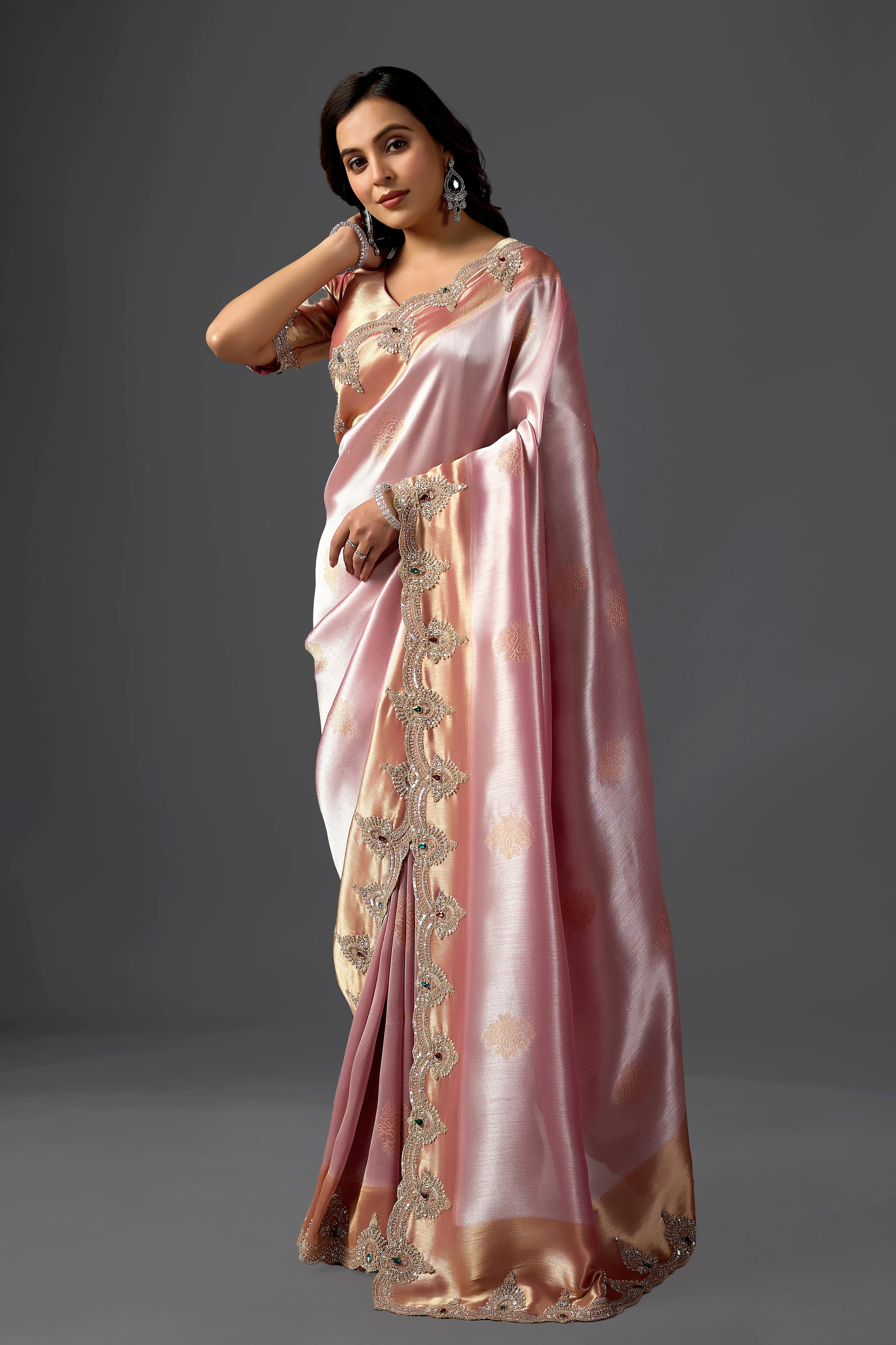 Baby Pink Tissue Silk Saree with Handcrafted Pearl & Sequin Embroidery