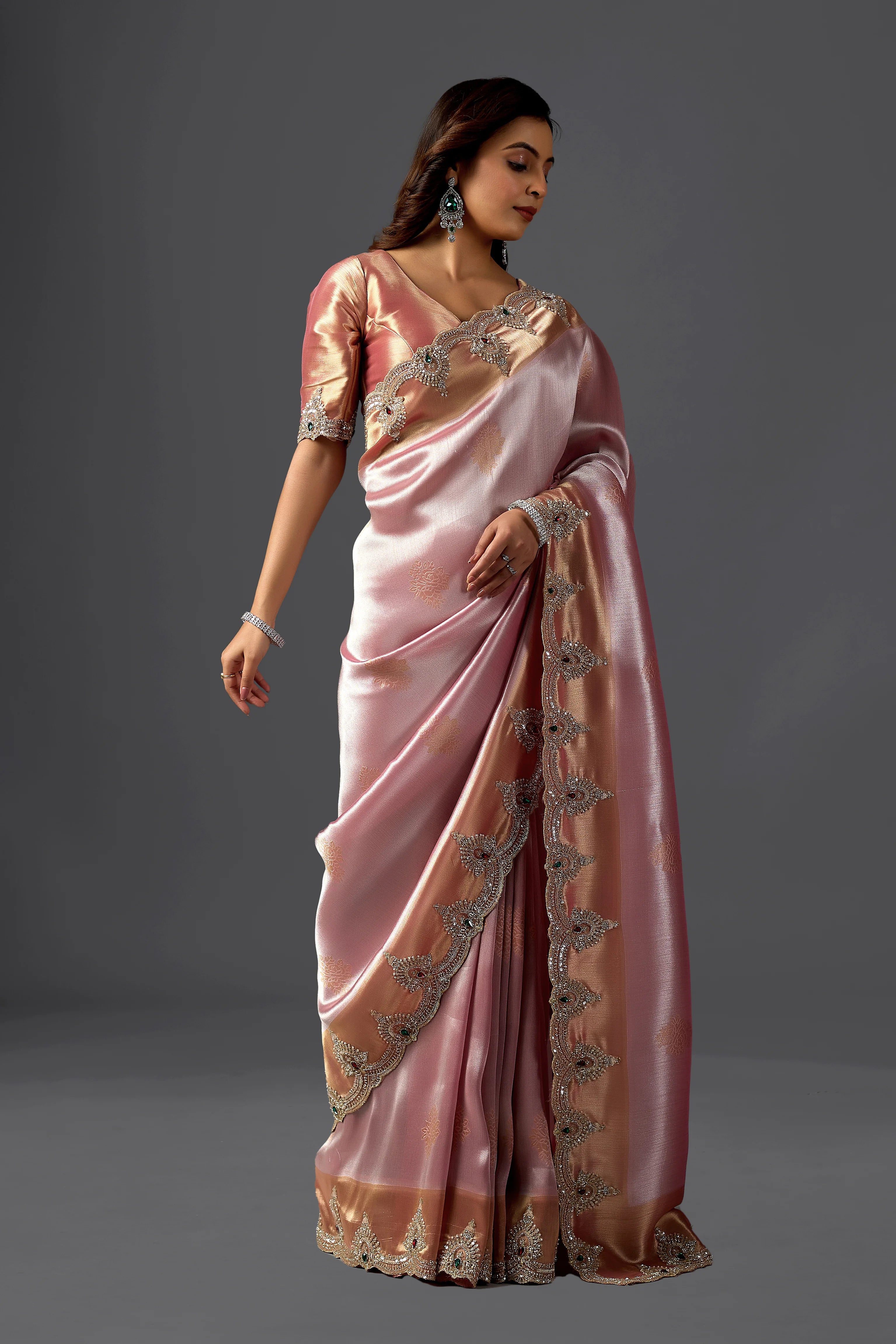 Baby Pink Tissue Silk Saree with Handcrafted Pearl & Sequin Embroidery